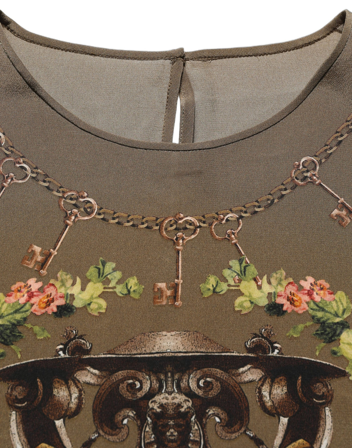 Brown Keys Roses Printed Silk Blouse Top