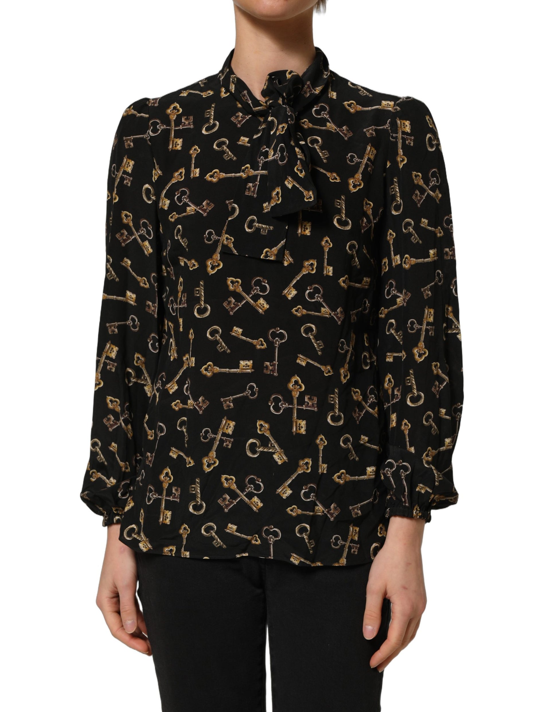 Black Keys Print Silk Tie Neck Blouse Top
