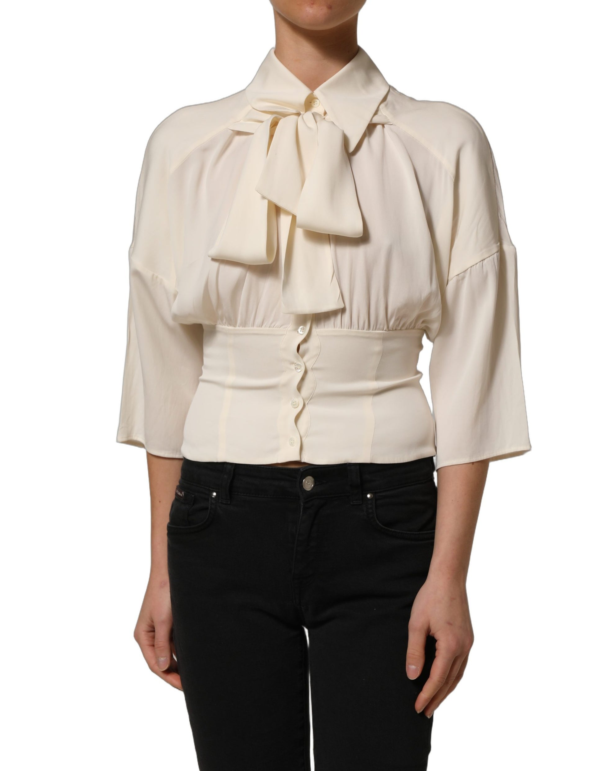 Off White Ascot Collar Long Sleeves Blouse Top