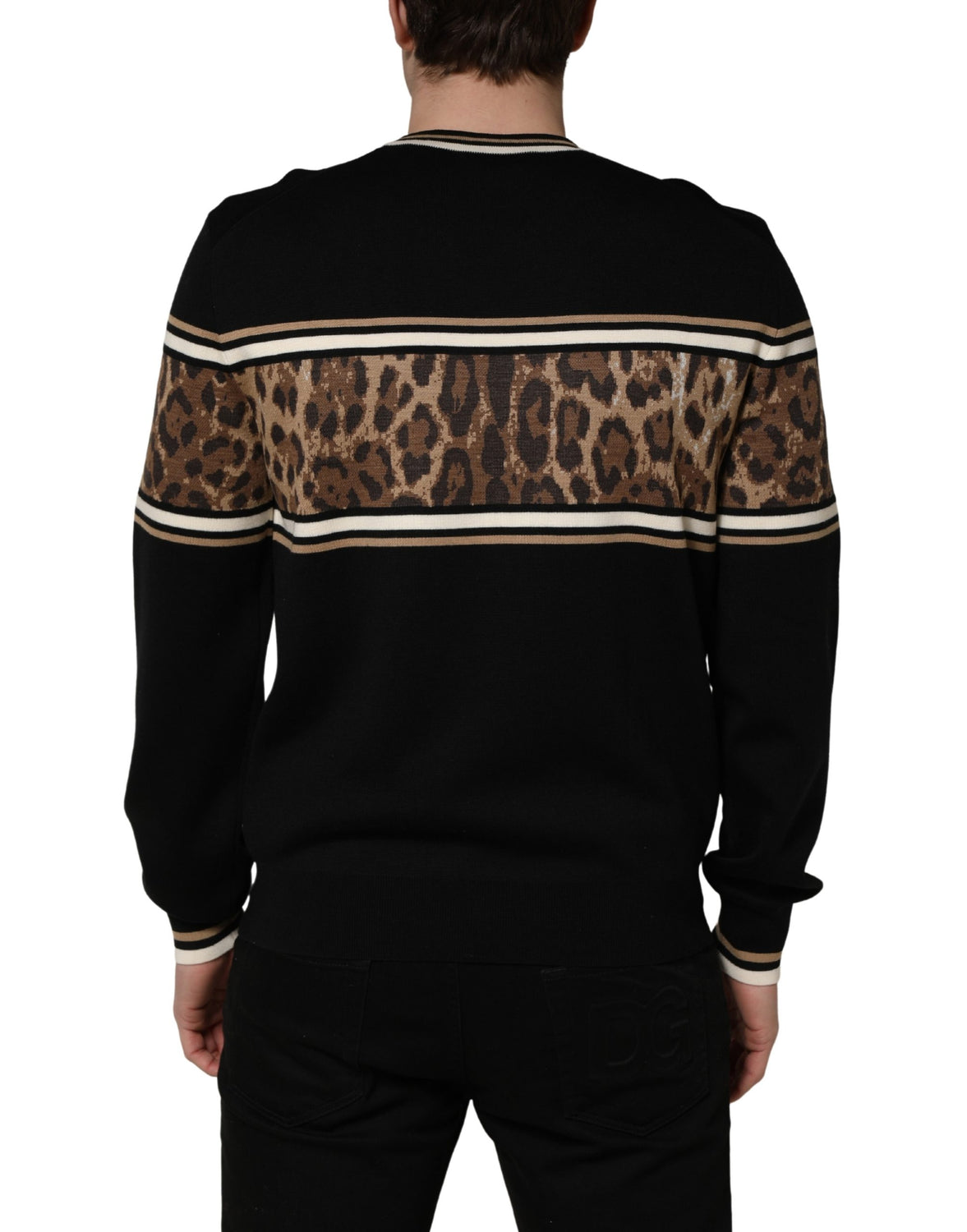 Black Leopard Wool Crew Neck Men Pullover Sweater