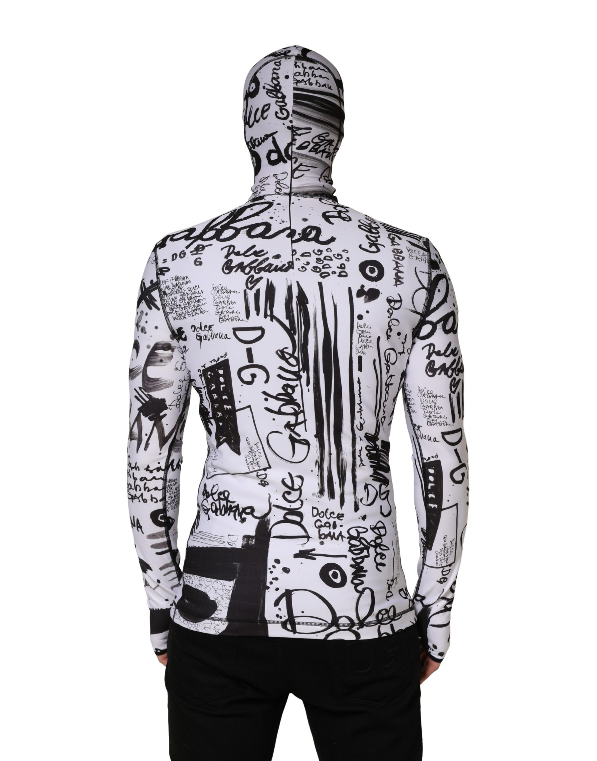 White Jersey Graffiti Print Balaclava Hood Sweater