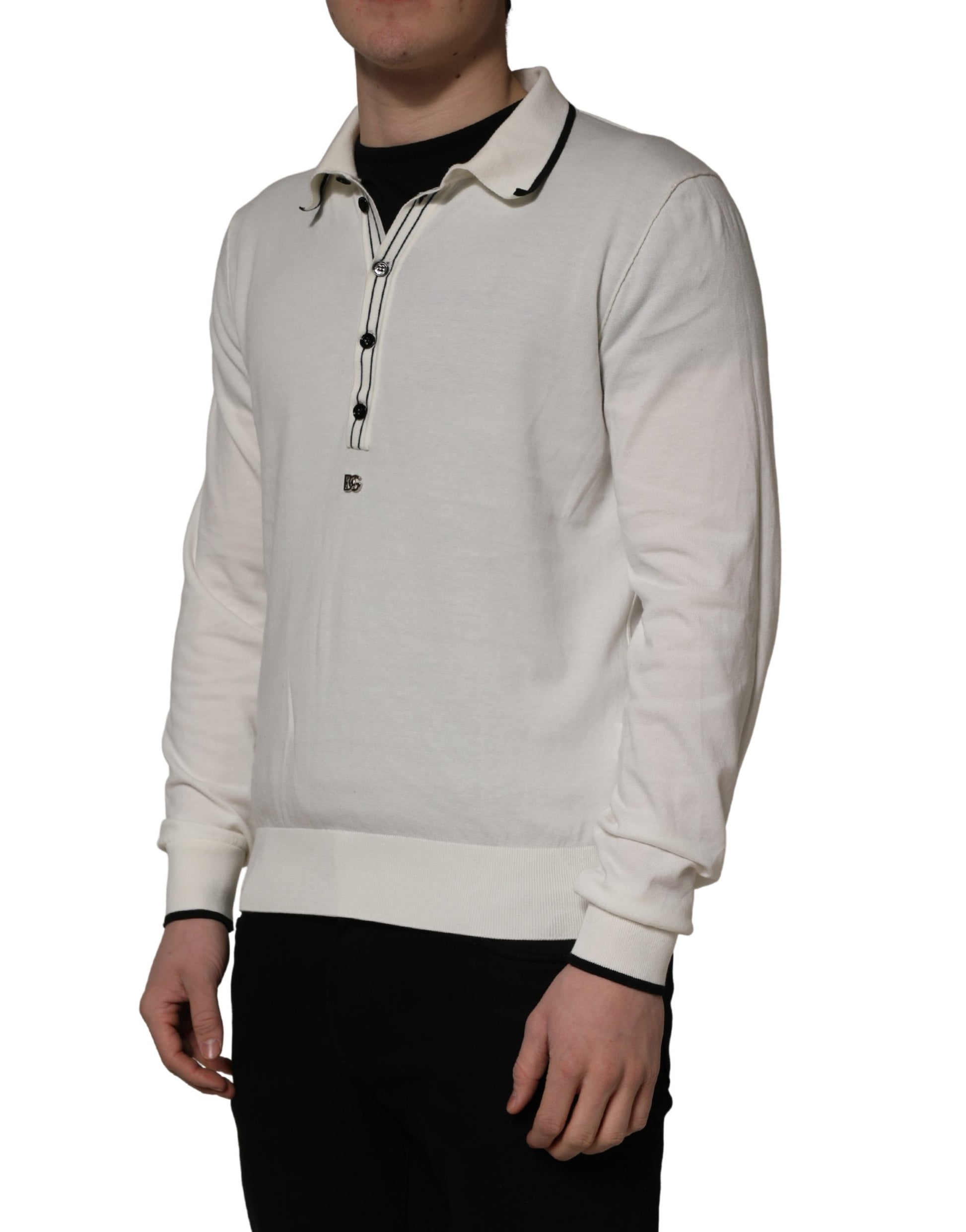 White Cotton Blend Men Polo Pullover Sweater