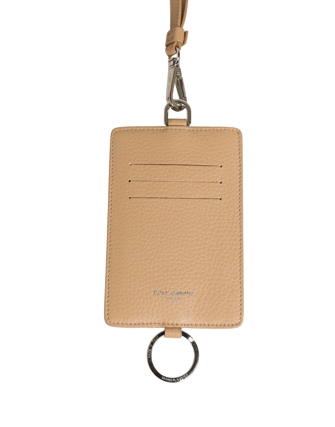 Beige Leather Logo Embossed Lanyard Card Holder Wallet
