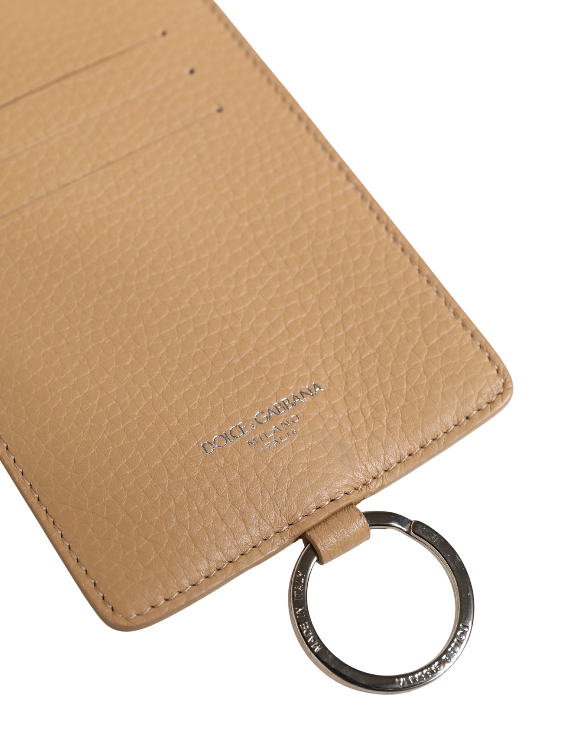 Beige Leather Logo Embossed Lanyard Card Holder Wallet