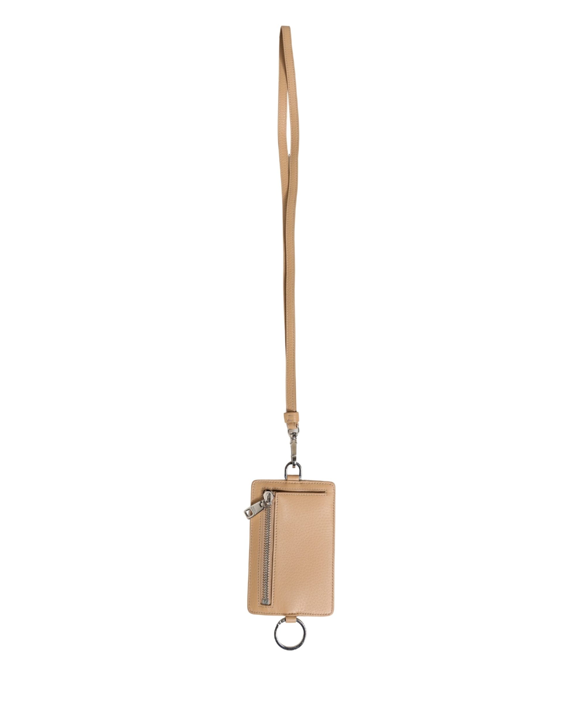 Beige Leather Logo Embossed Lanyard Card Holder Wallet