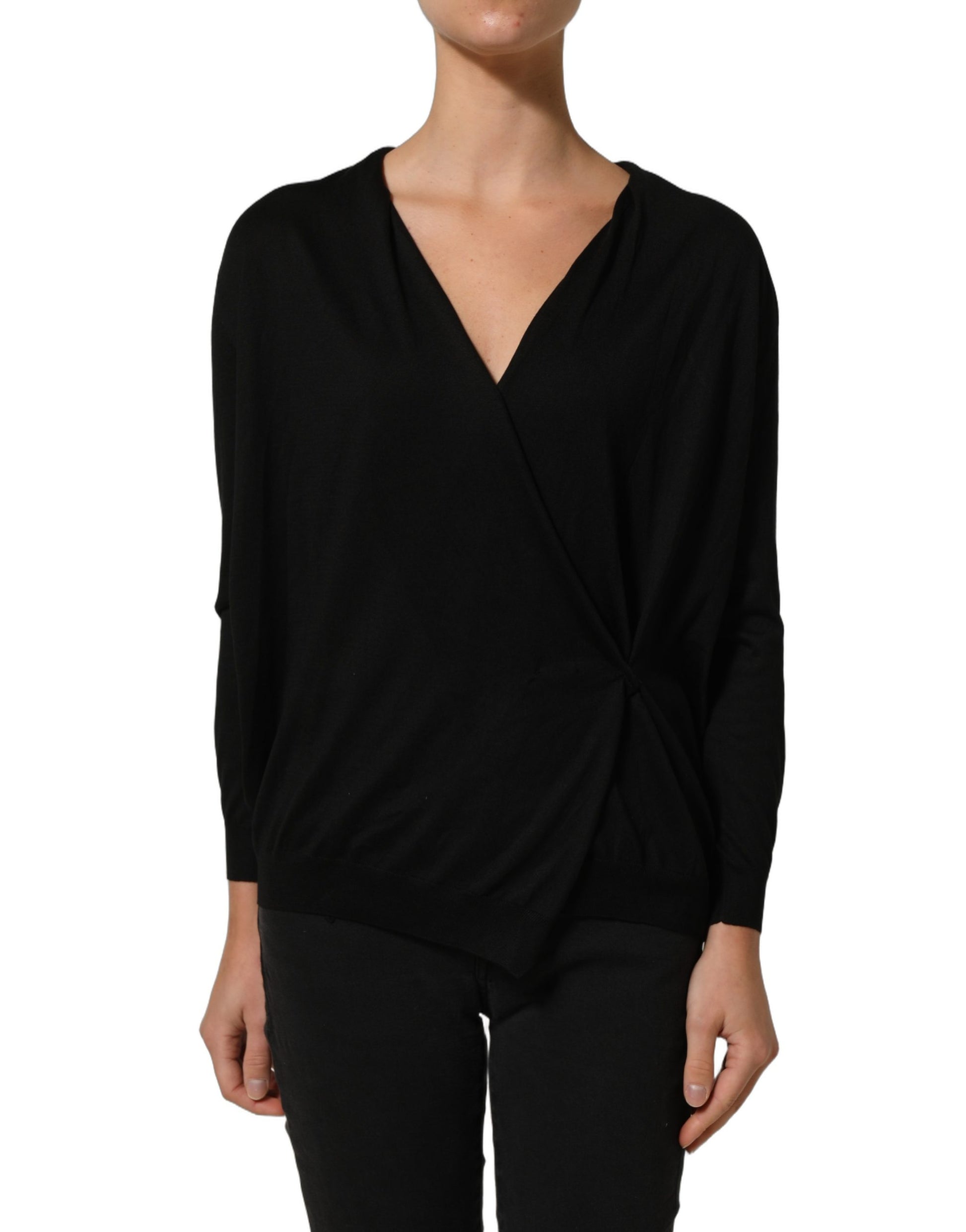 Black Silk Long Sleeves Draped Blouse Top