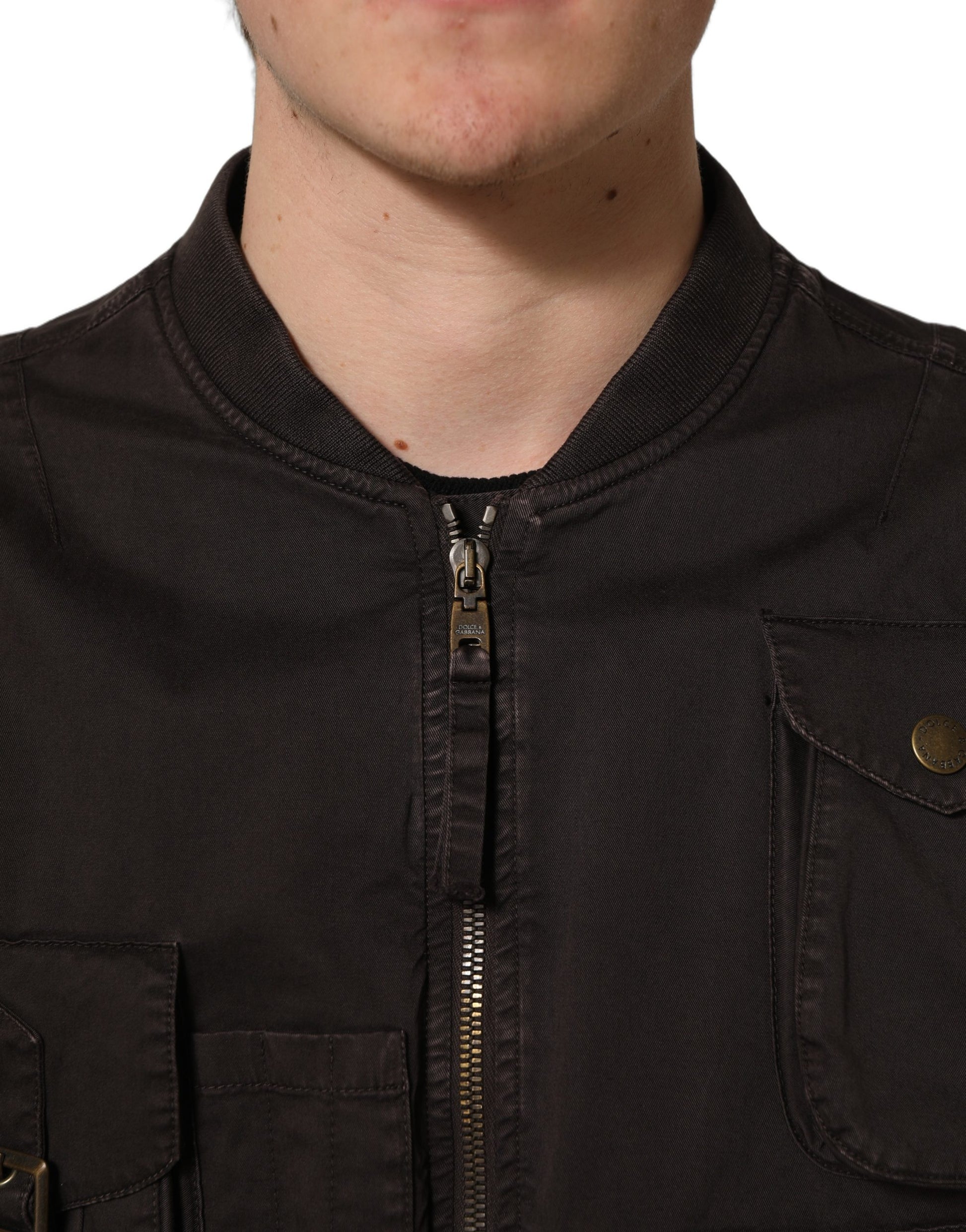 Brown Cotton Full Zip Men Bomber Jacket