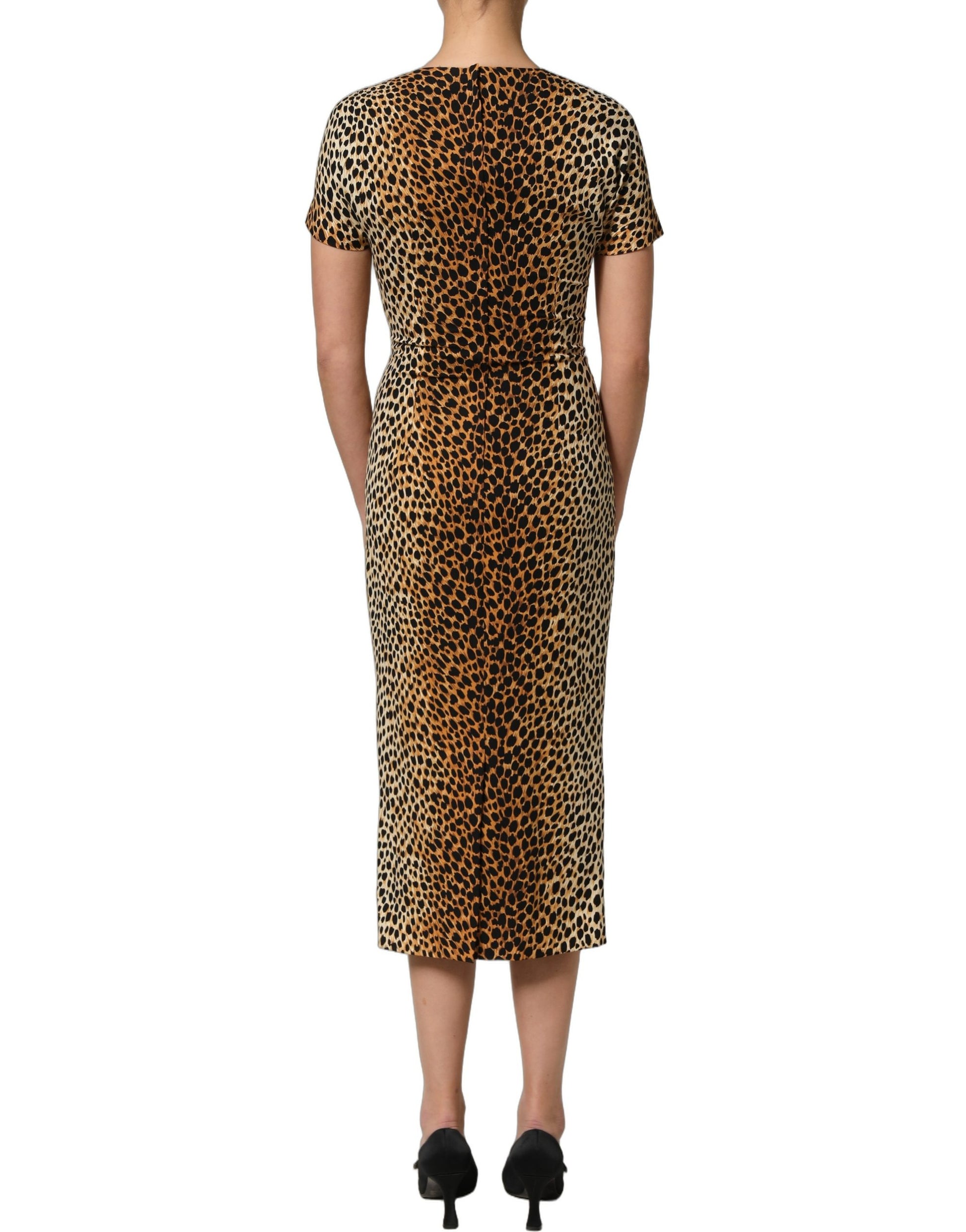 Brown Leopard Print Silk Sheath Midi Dress