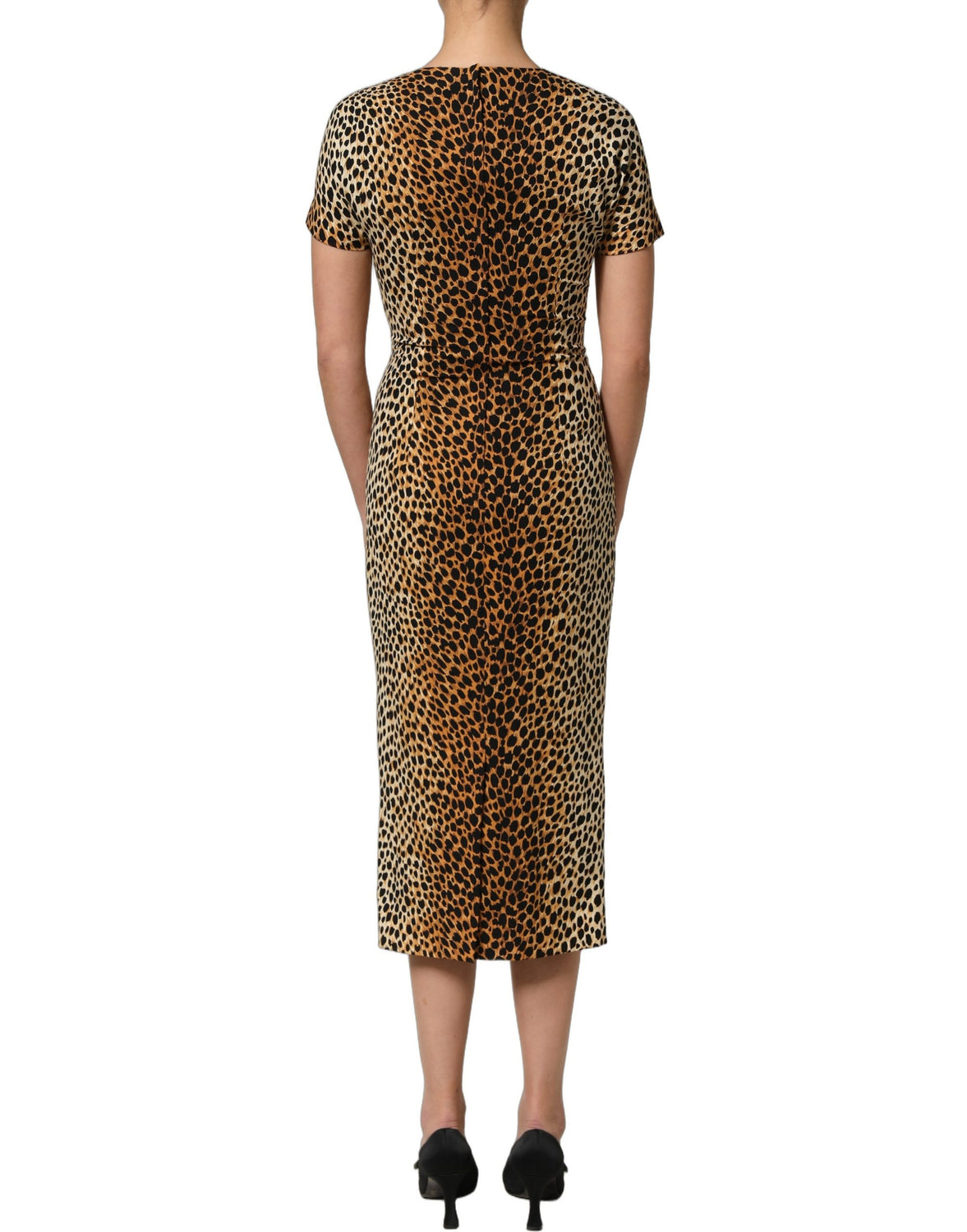 Brown Leopard Print Silk Sheath Midi Dress