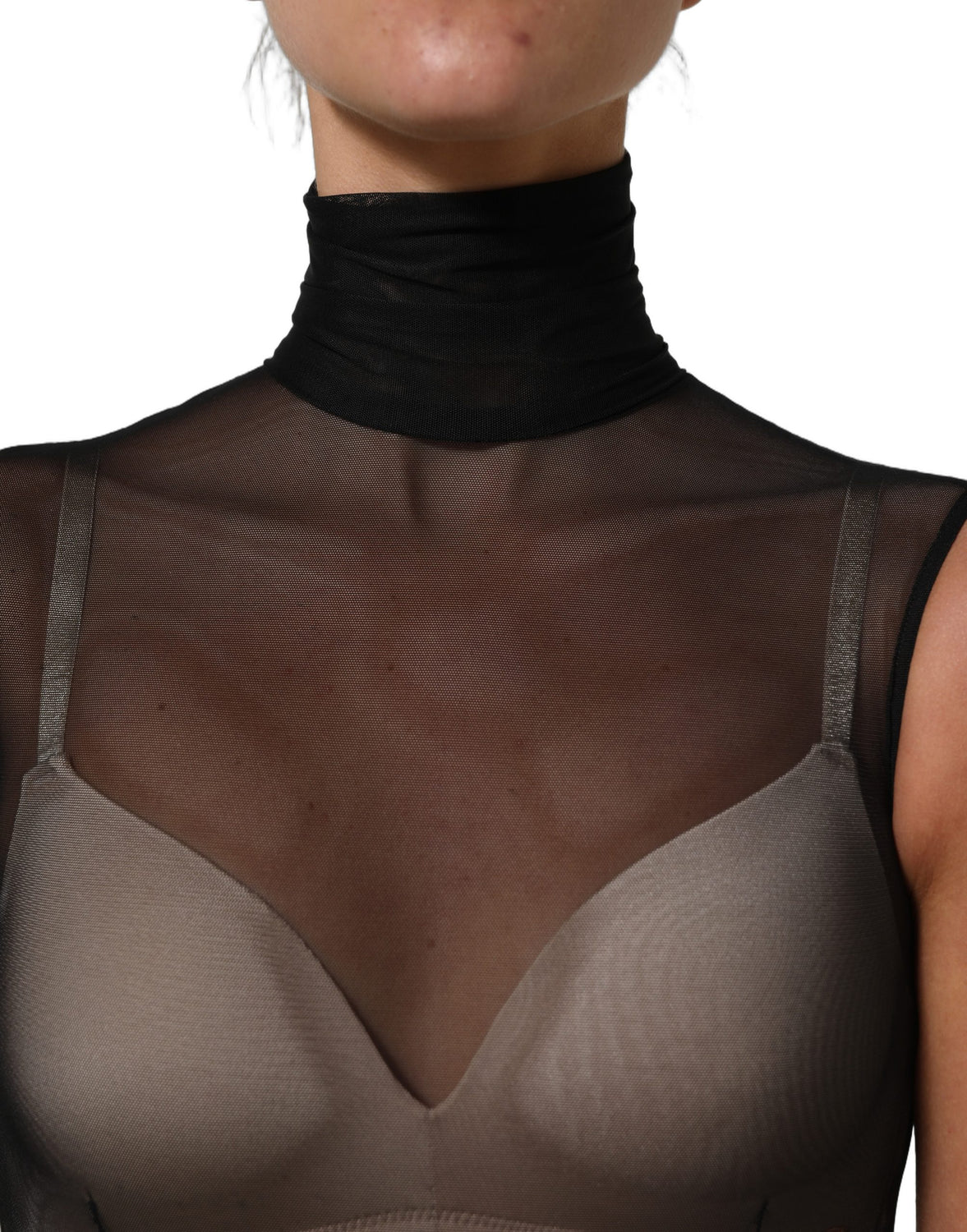 Black Sheer Mesh Jumpsuit Turtleneck Dress