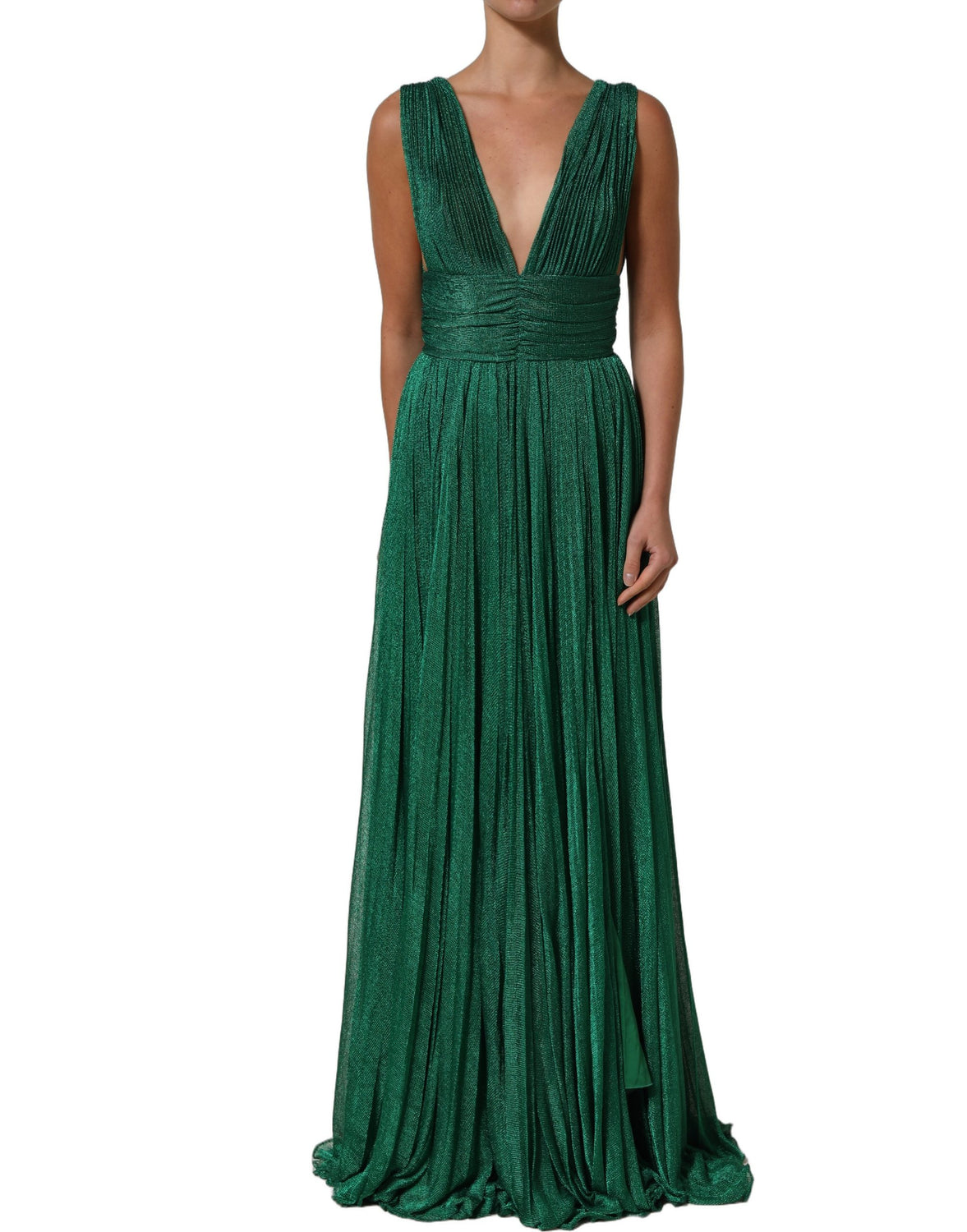 Metallic Green Sleeveless Plissé Gown Dress