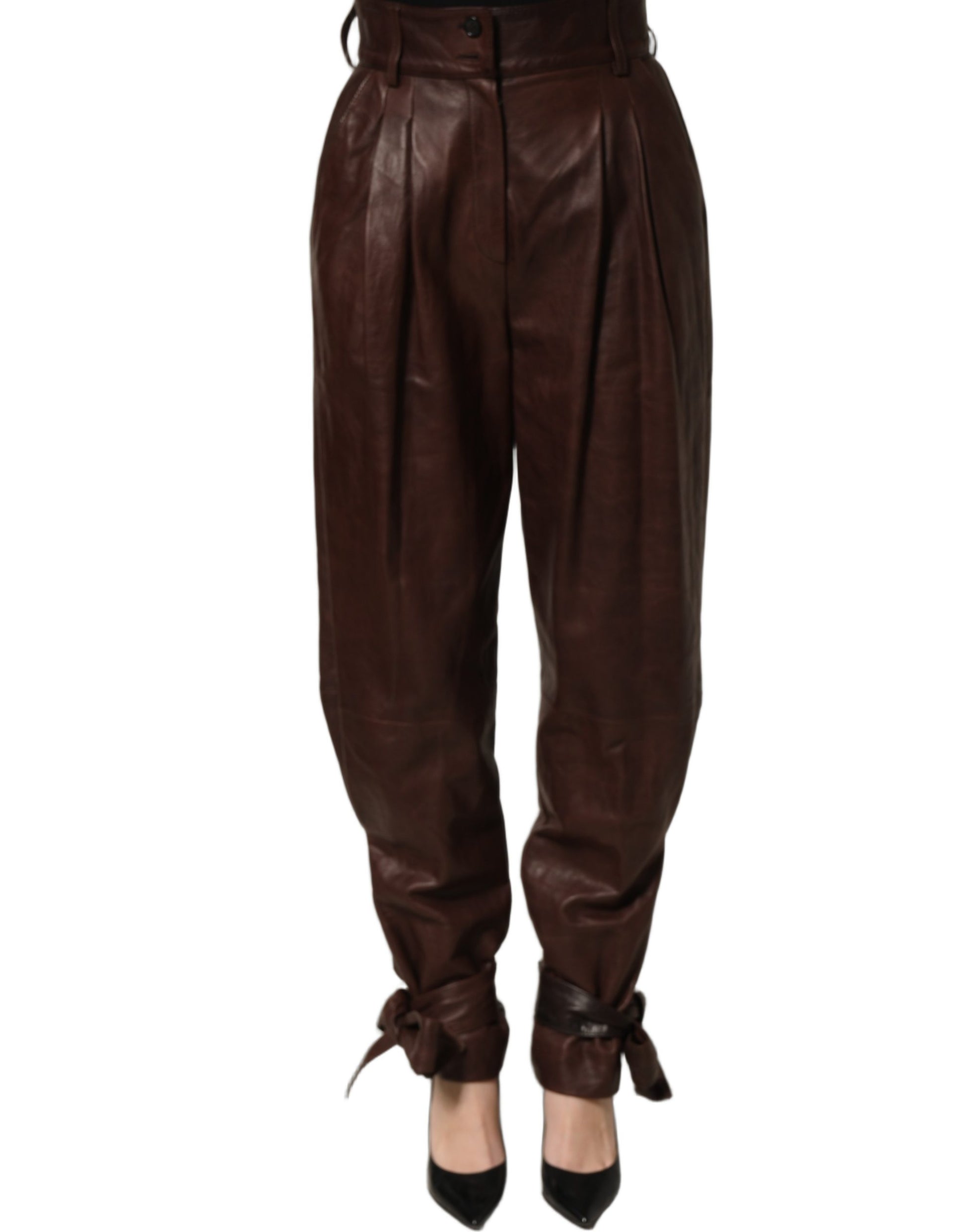 Brown Leather High Waist Tapered Leg Pants
