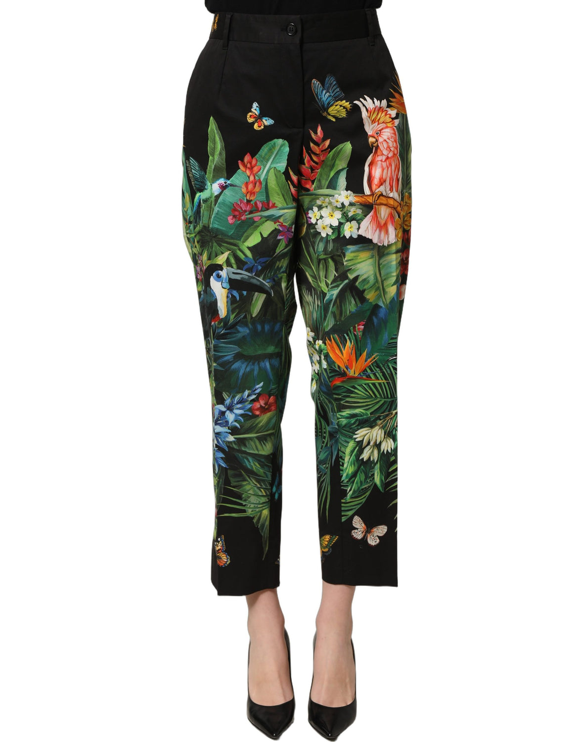 Black Tropical Print Cotton HighWaist Pants