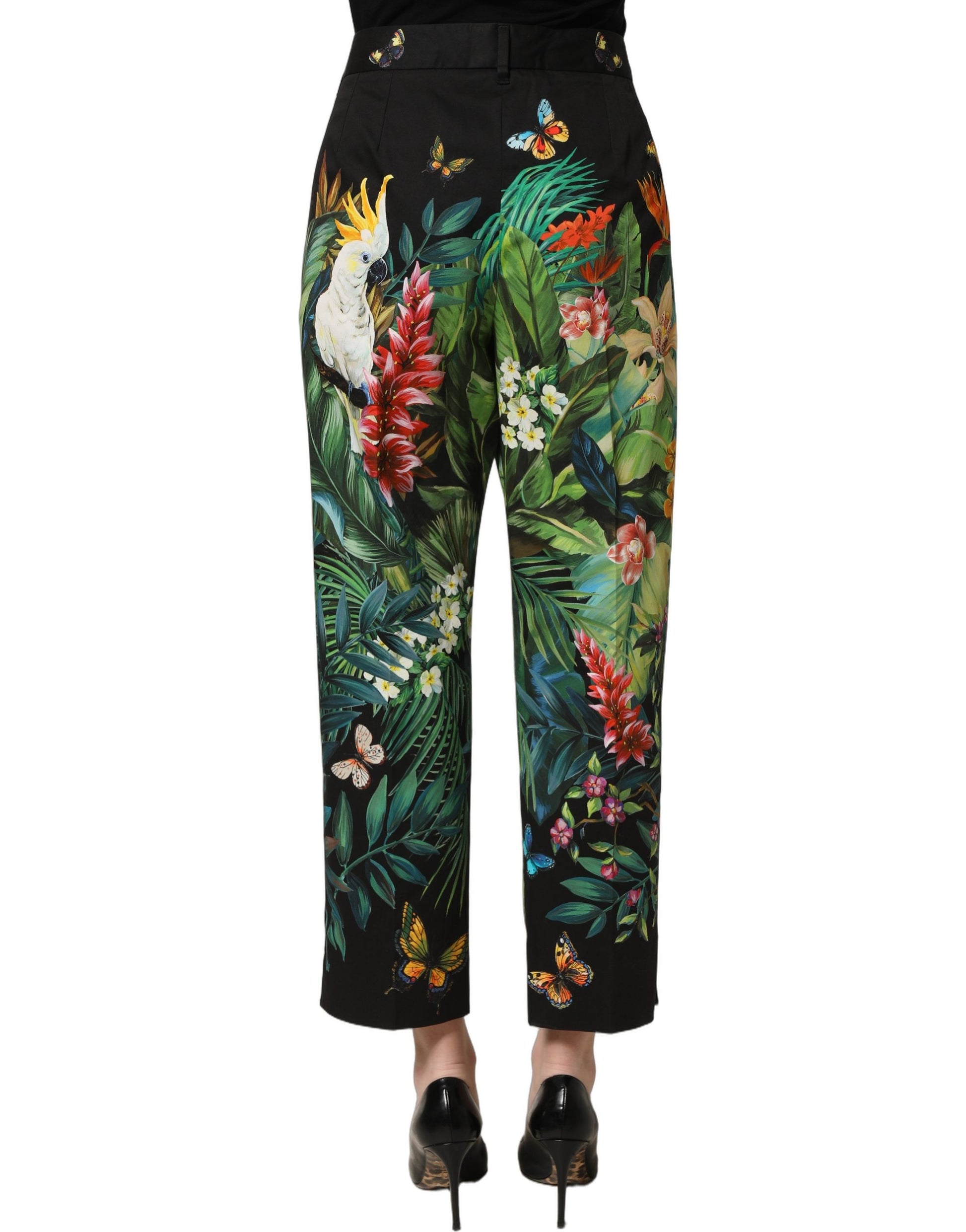 Black Tropical Print Cotton HighWaist Pants