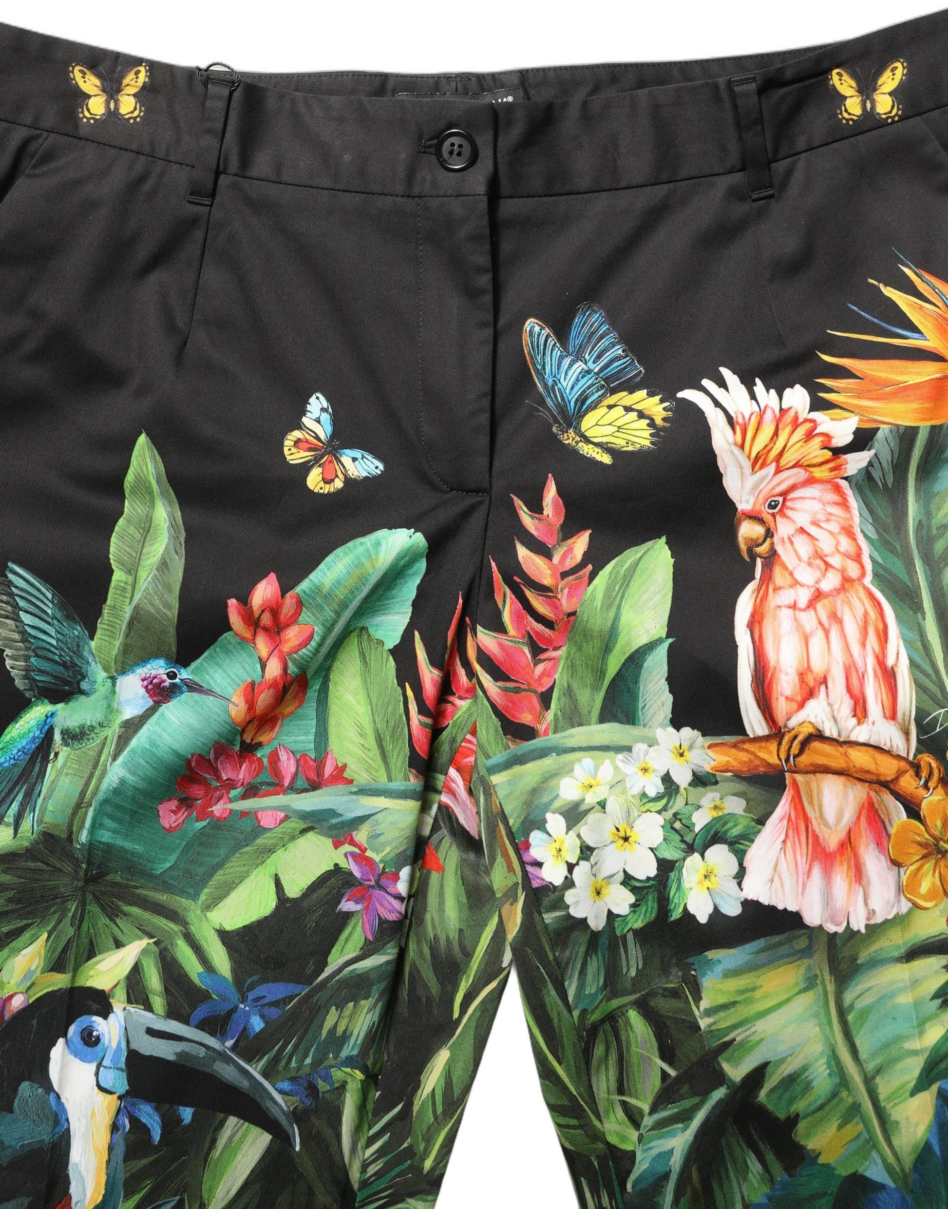Black Tropical Print Cotton HighWaist Pants
