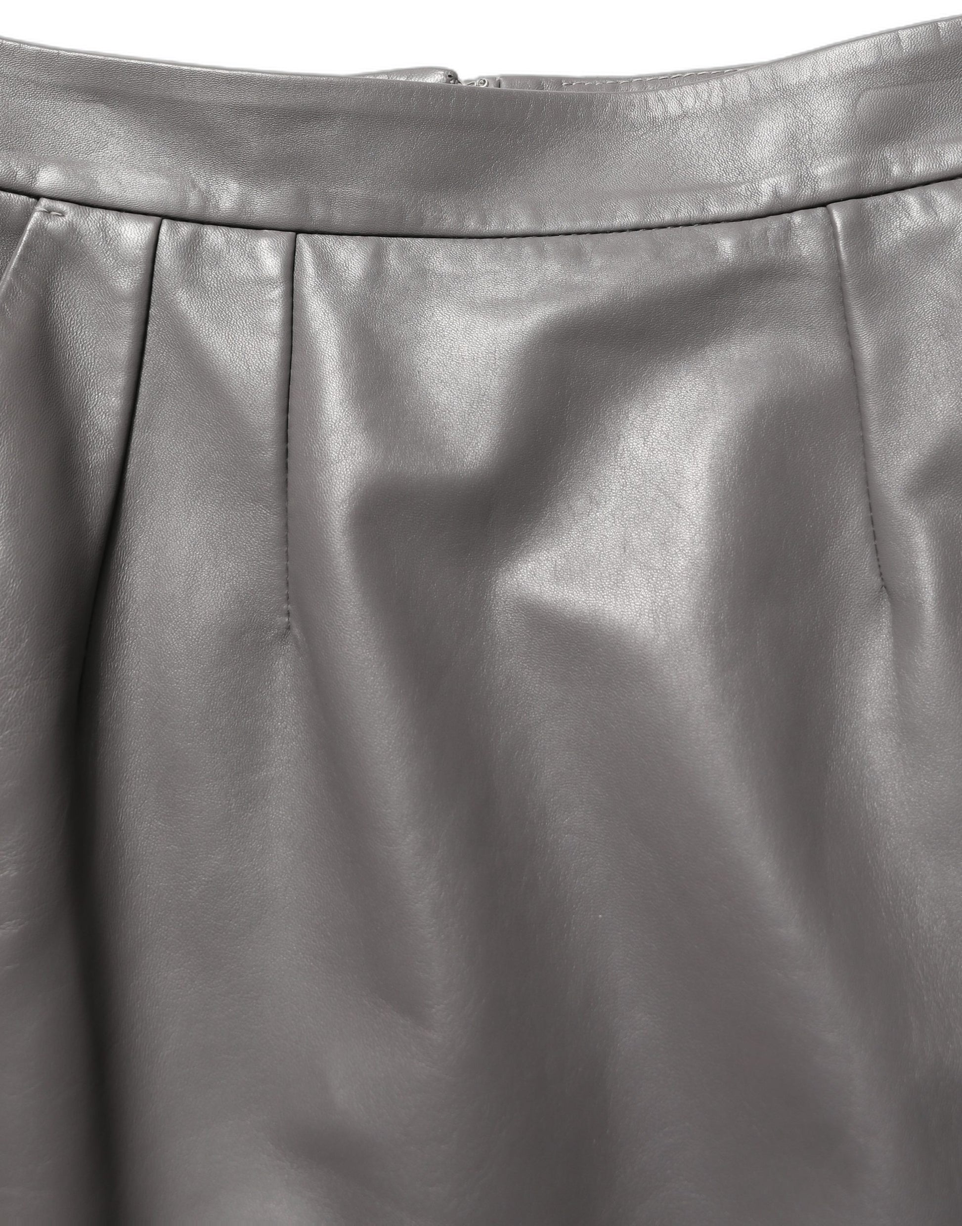 Gray Leather High Waist Pencil Cut Midi Skirt