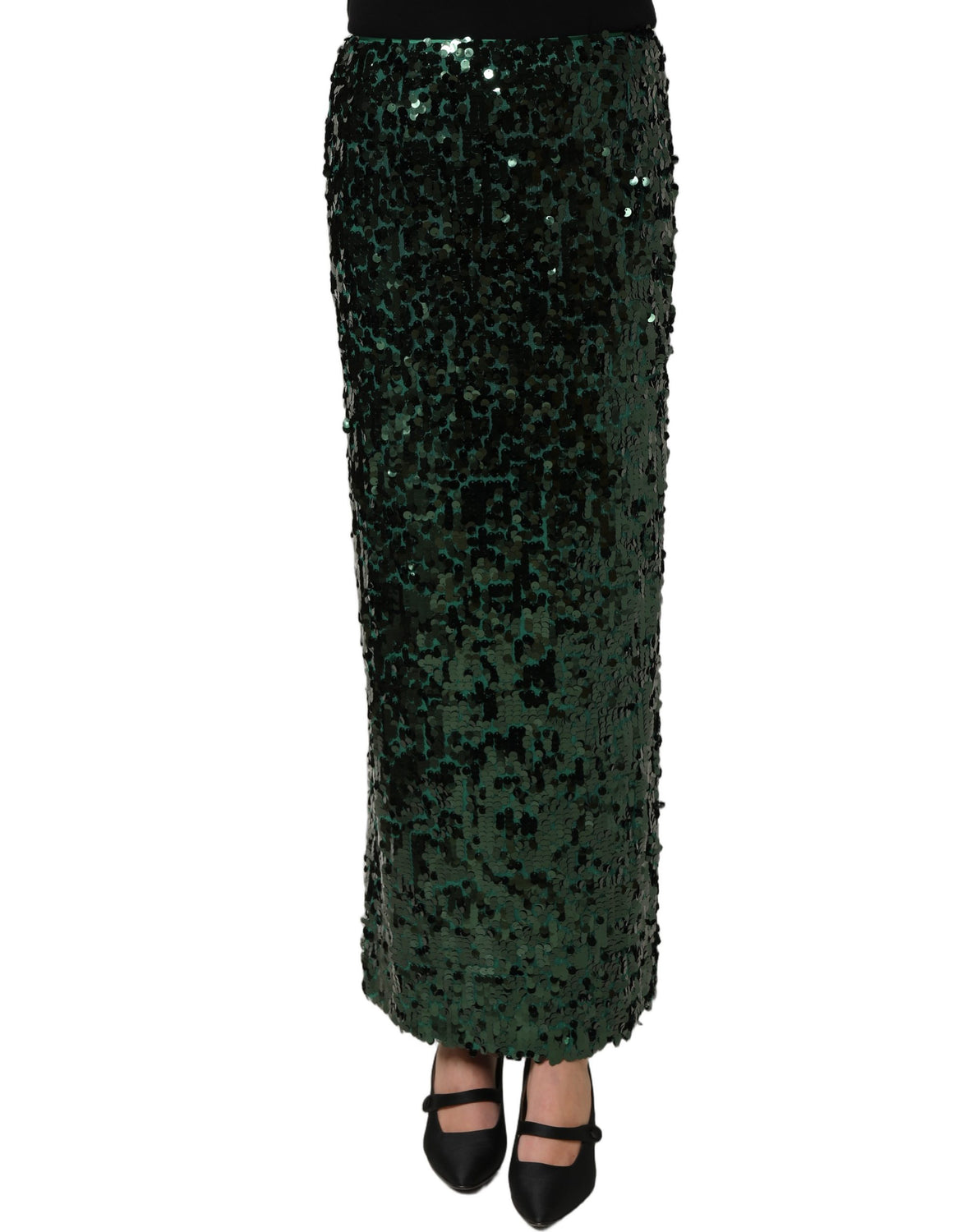 Green Sequin High Waist Pencil Cut Midi Skirt