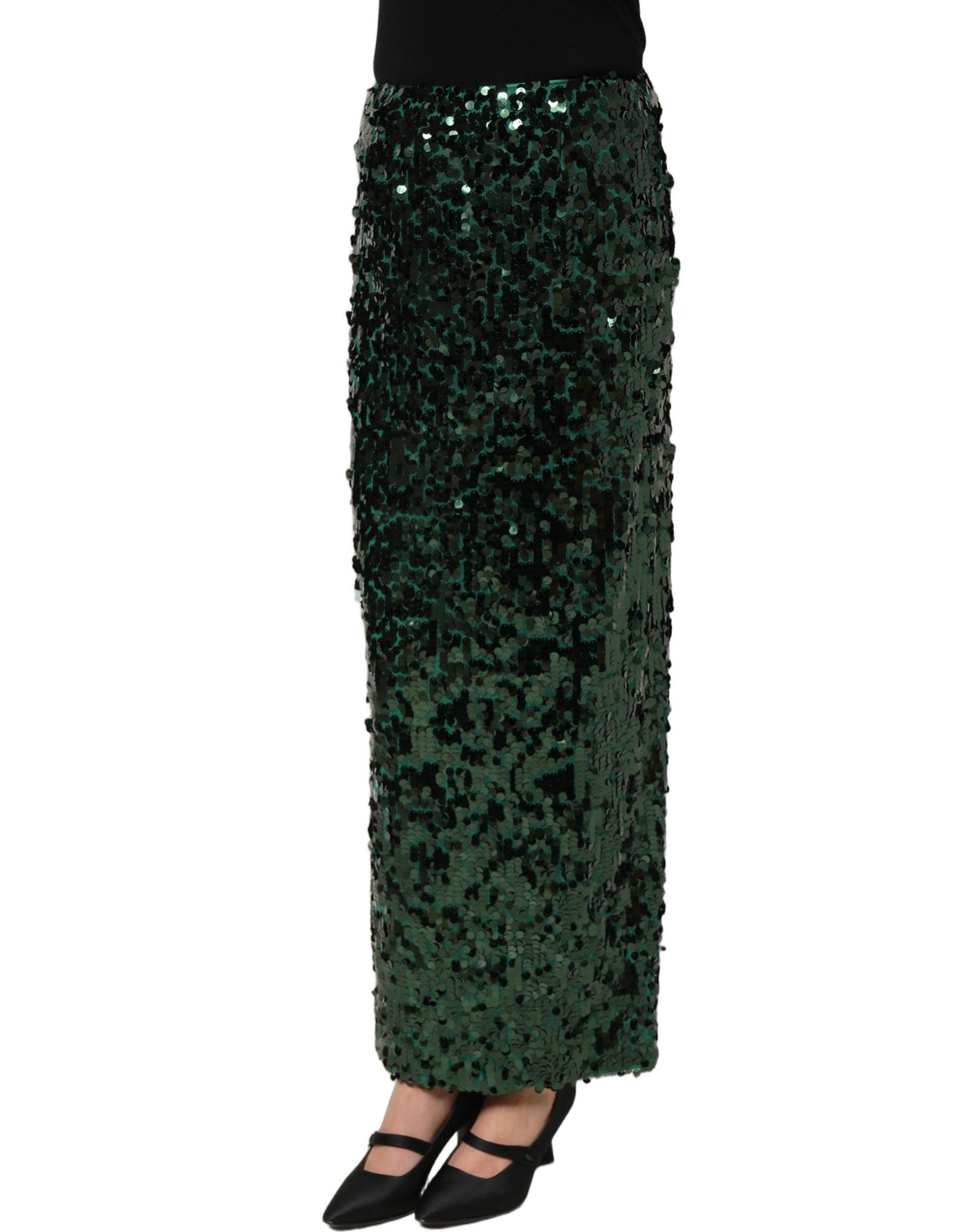 Green Sequin High Waist Pencil Cut Midi Skirt