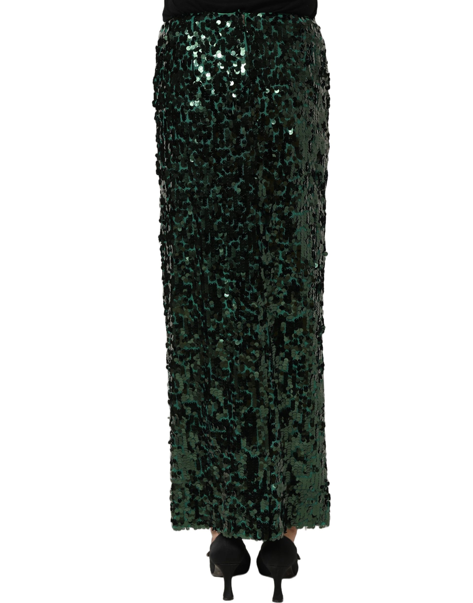 Green Sequin High Waist Pencil Cut Midi Skirt