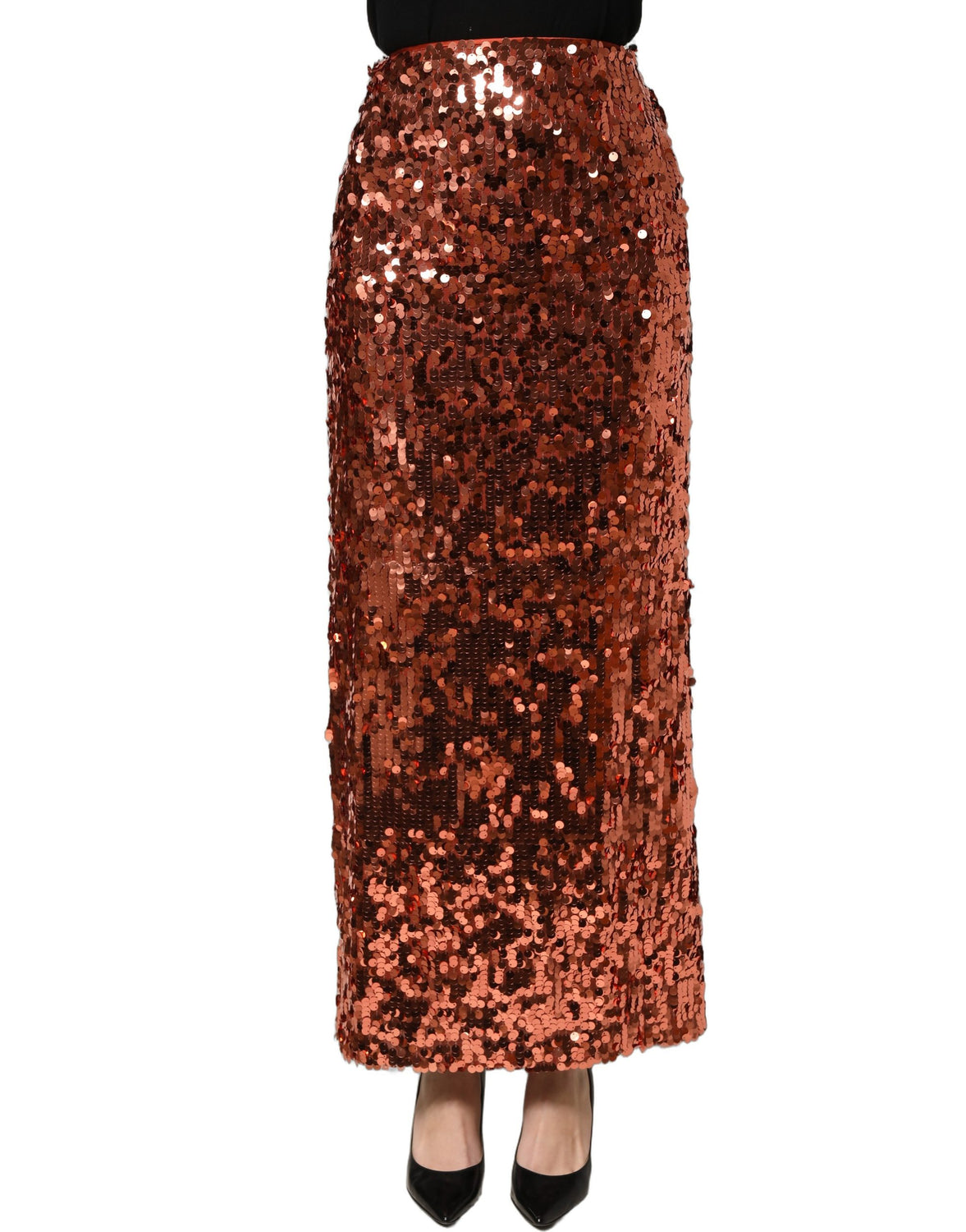 Bronze Sequin HighWaist PencilCut Midi Skirt