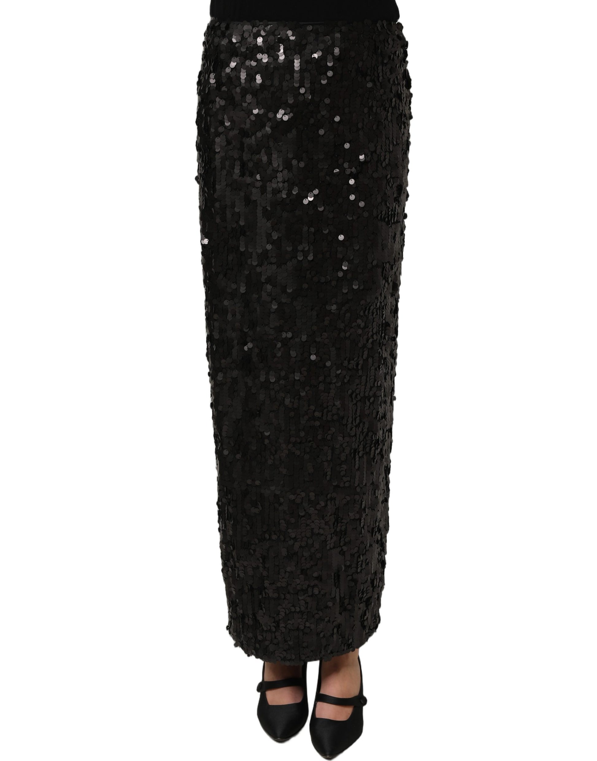 Black Sequin High Waist Pencil Midi Skirt