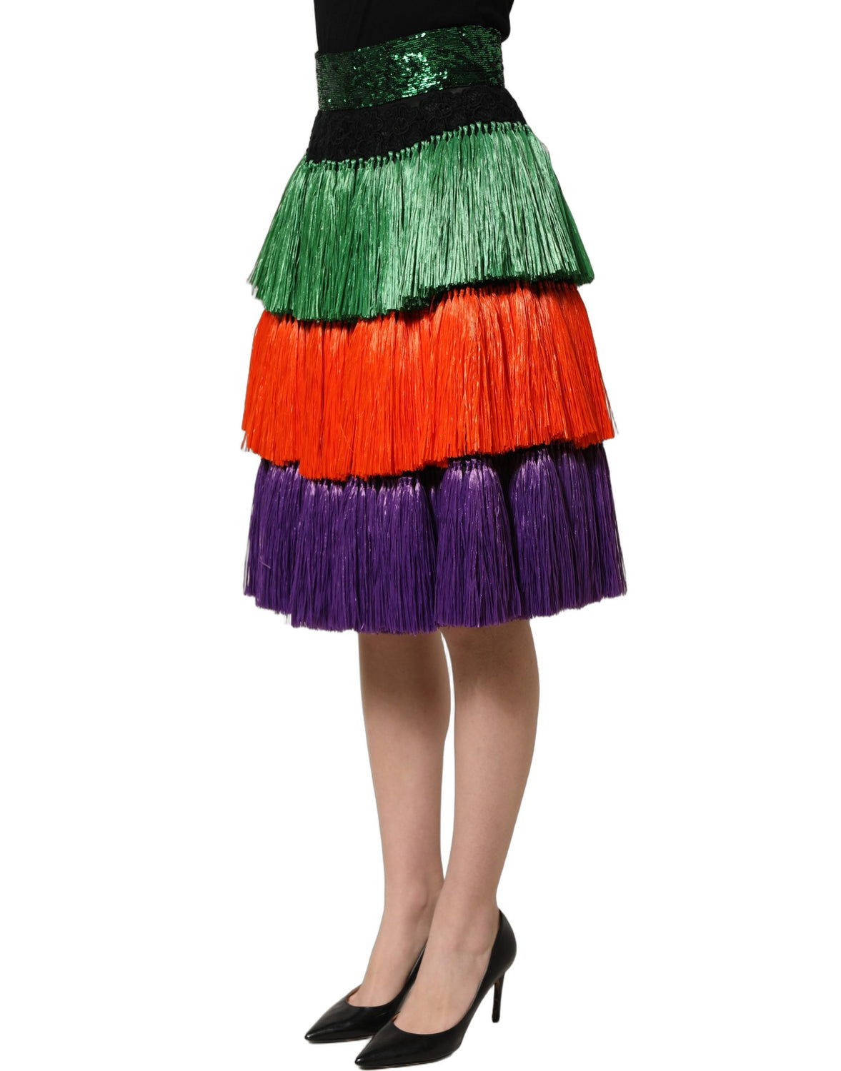 Multicolor Fringed High Waist Knee Length Skirt