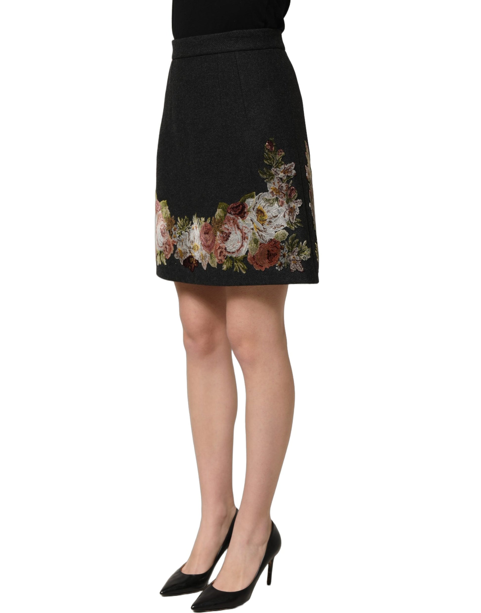 Black Floral Macramé High Waist A-line Skirt