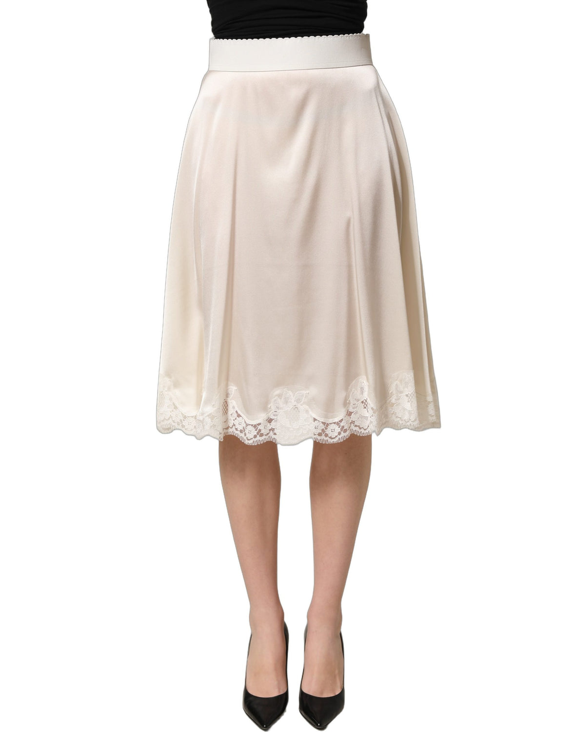 Off White Lace Trimmed Satin High Waist Skirt