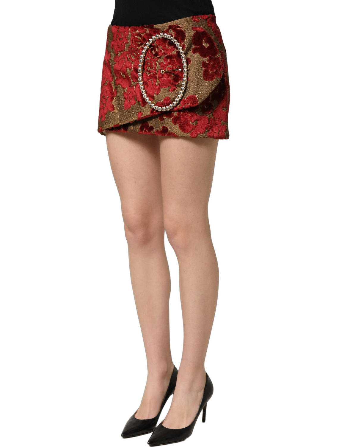 Maroon Floral Jacquard Rhinestone Mini Skirt