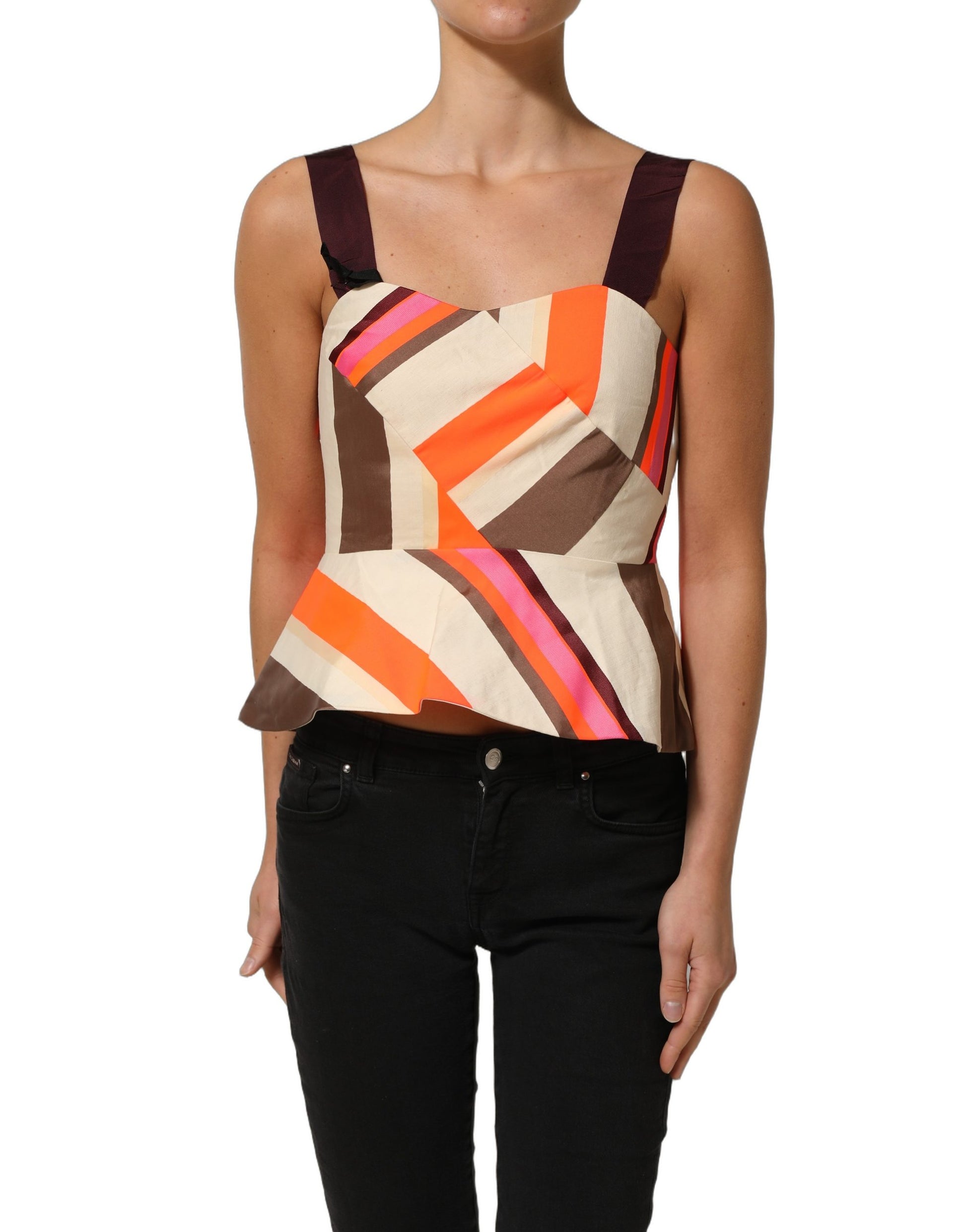 Multicolor Striped Cotton Sleeveless Draped Peplum Top