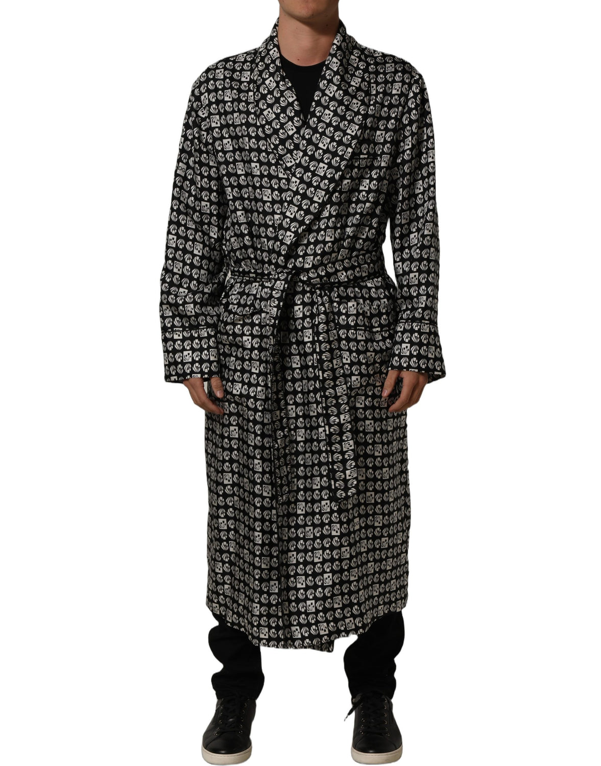 Black White Silk Men Wrap Robe Coat Jacket