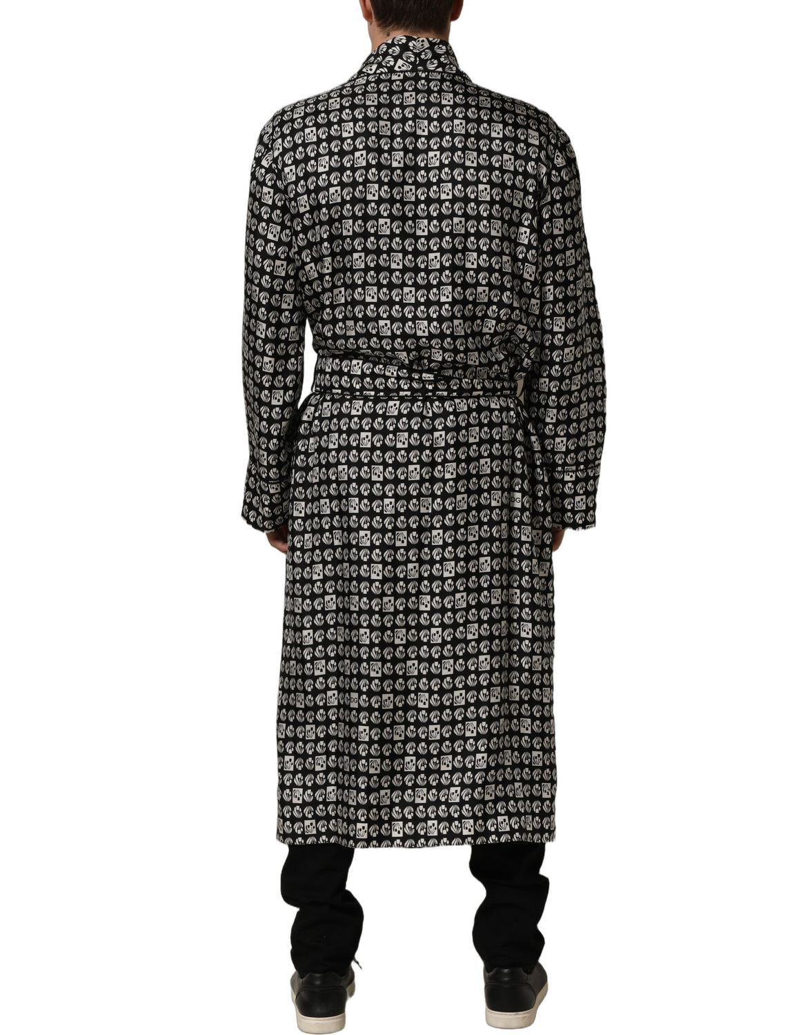 Black White Silk Men Wrap Robe Coat Jacket