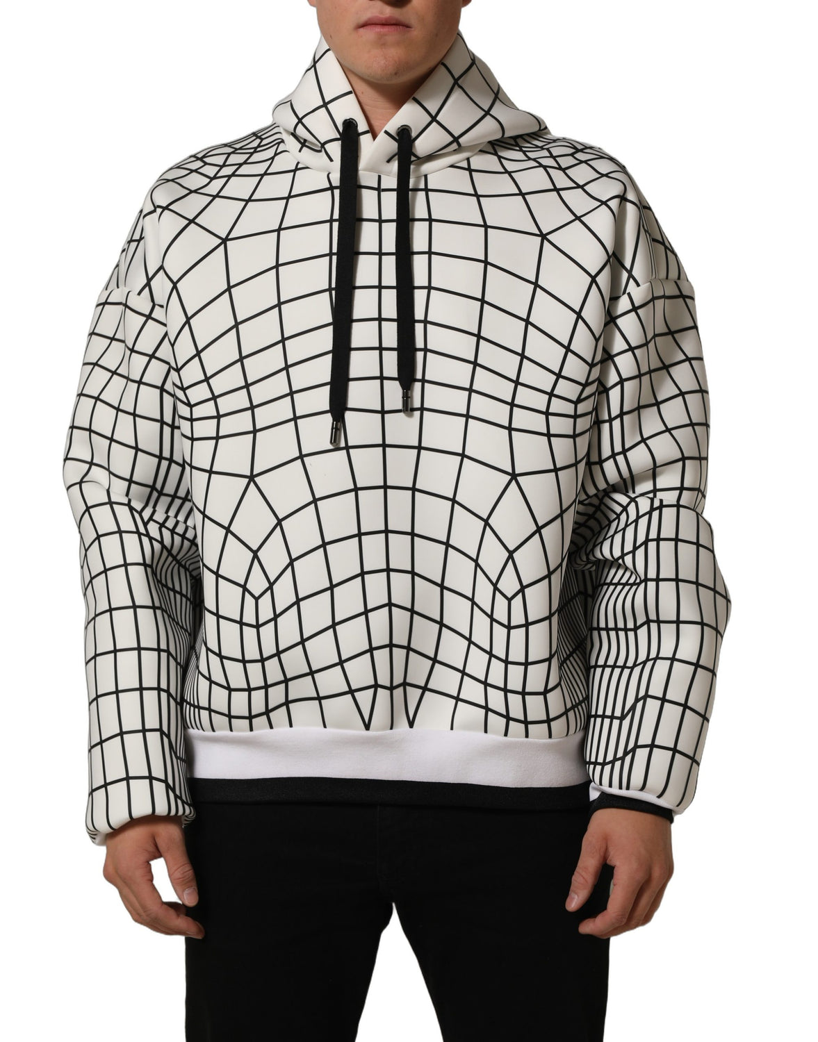 White Black WarpGrid Pattern Hoodie Sweater