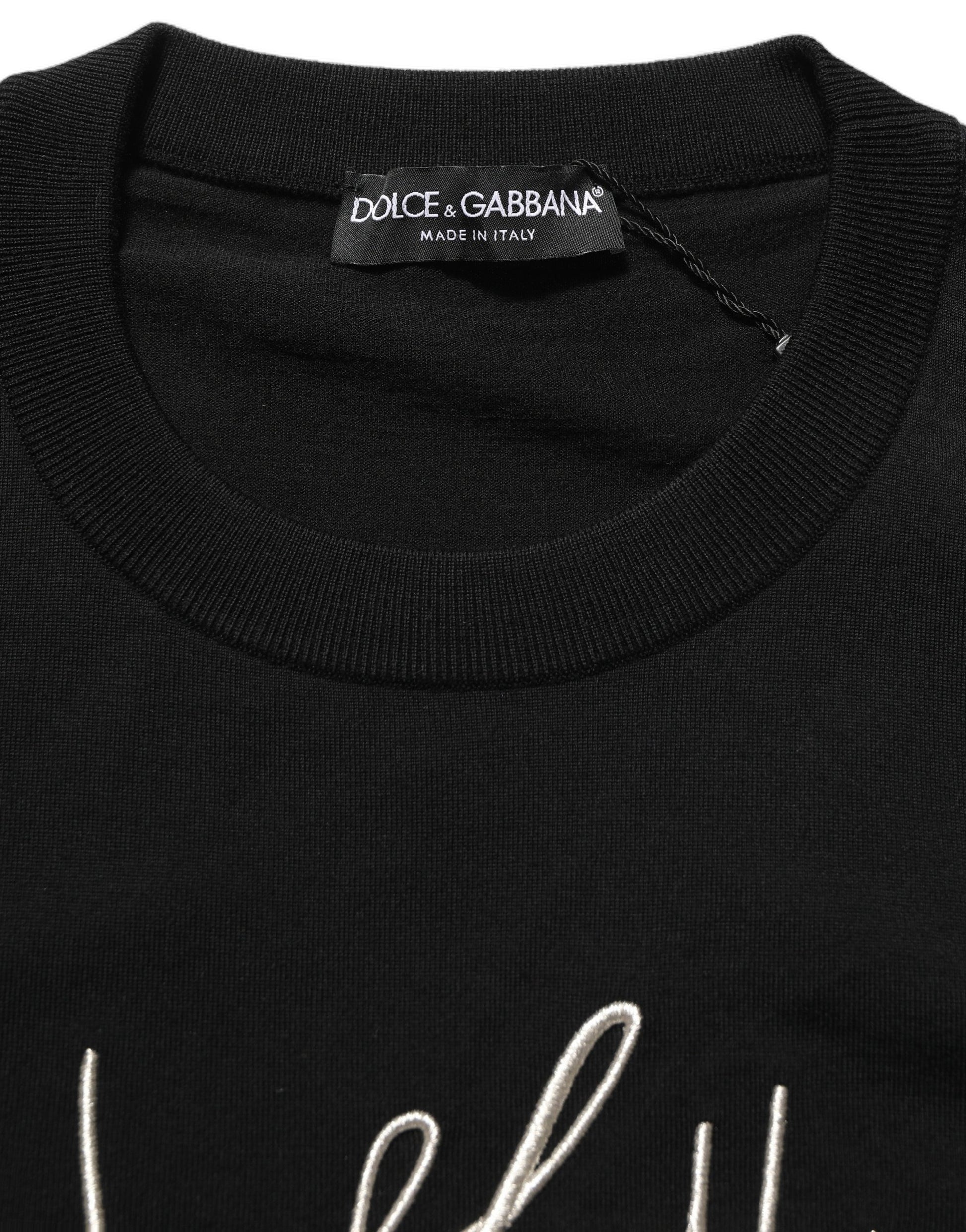 Black DG Embroidered Crew Neck Pullover Men Sweater