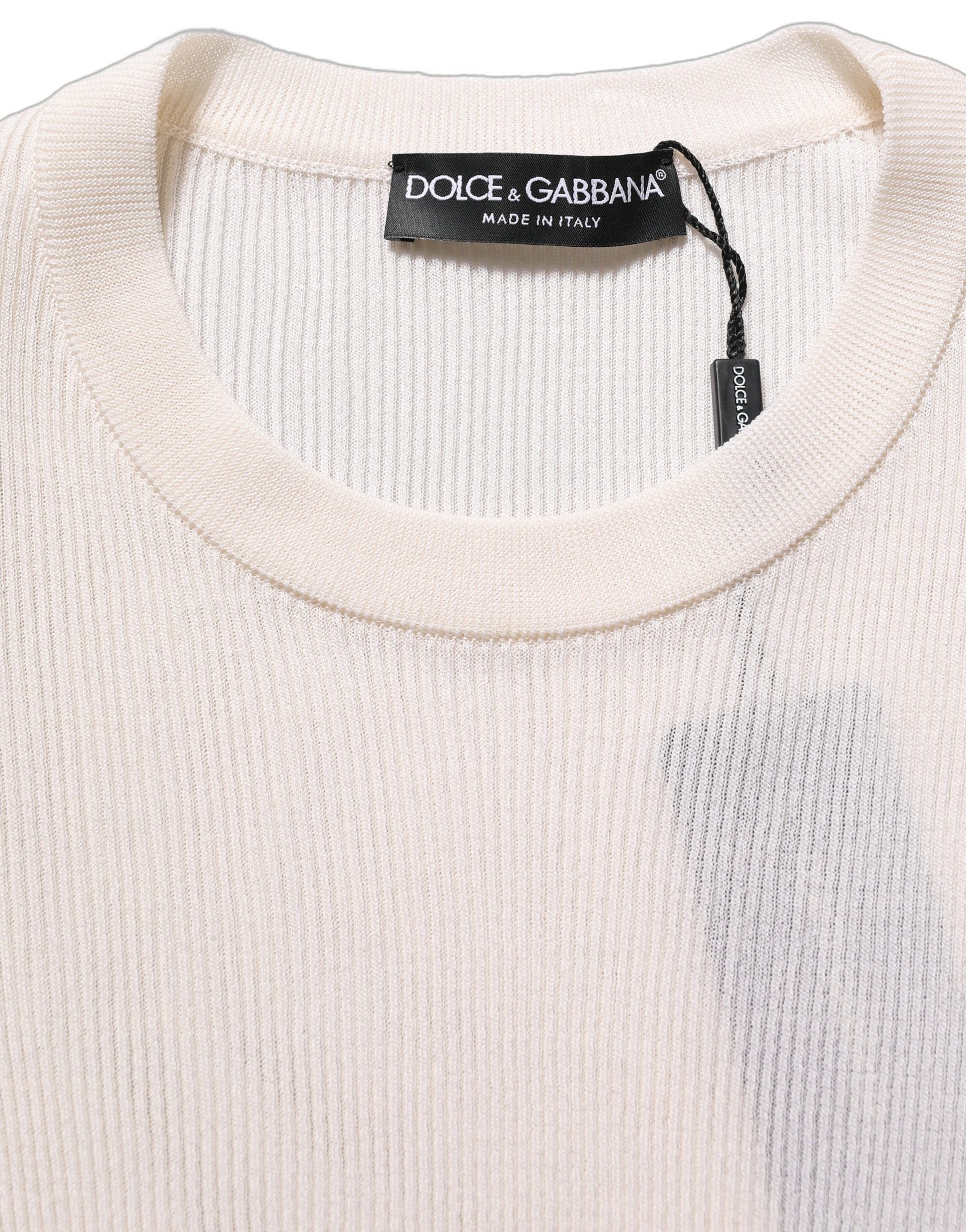White Silk Crew Neck Men Pullover Sweater