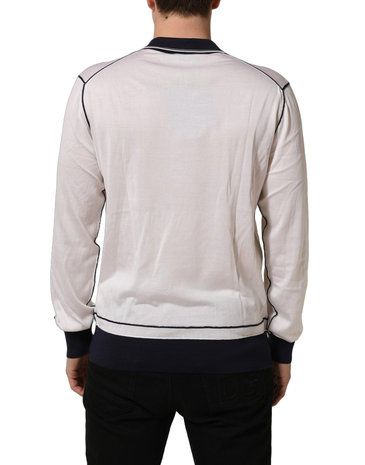 White Silk Collared Henley Pullover Sweater
