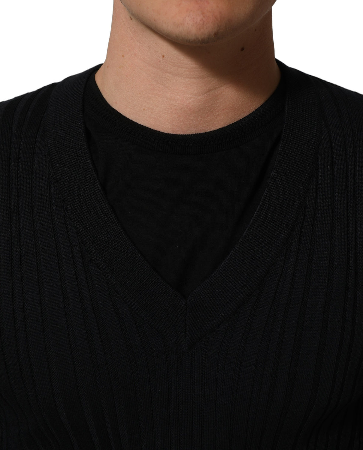 Black Silk Blend V-neck Pullover Men Sweater