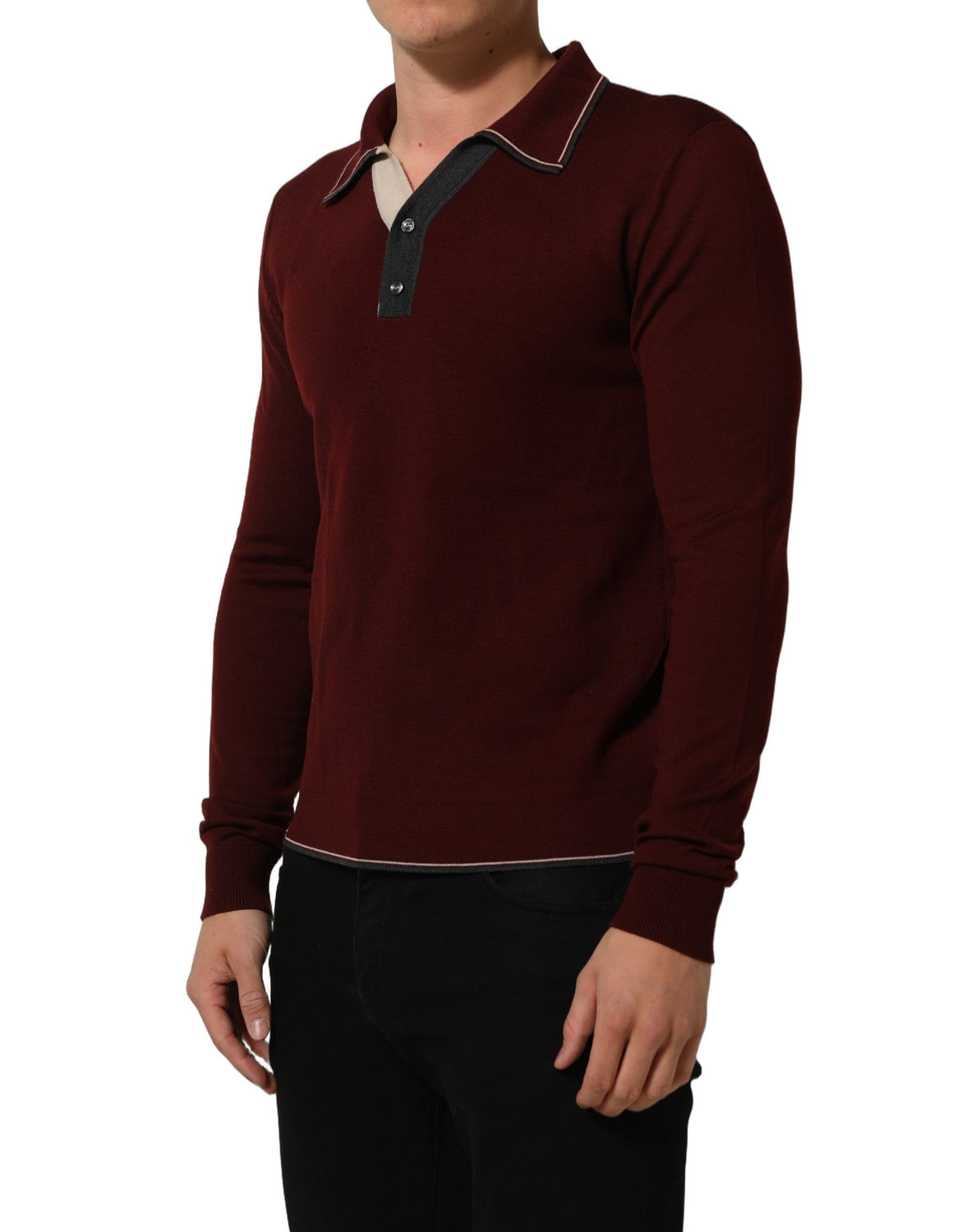 Burgundy Wool Knit Henley Pullover Sweater