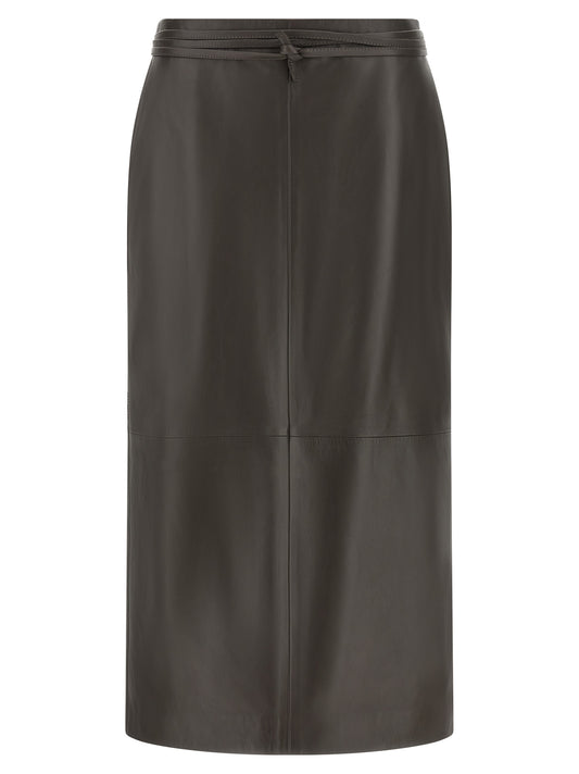 Brown Lamb Leather Midi Skirt