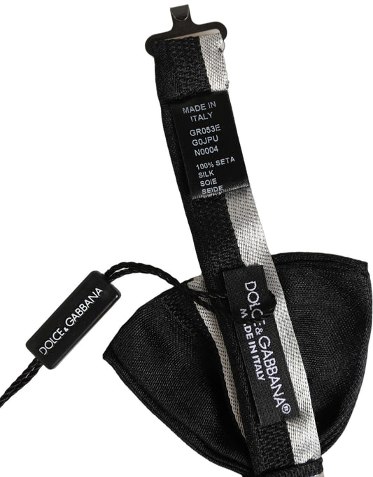 Black Silver 100% Silk Adjustable Neck Papillon Bow Tie