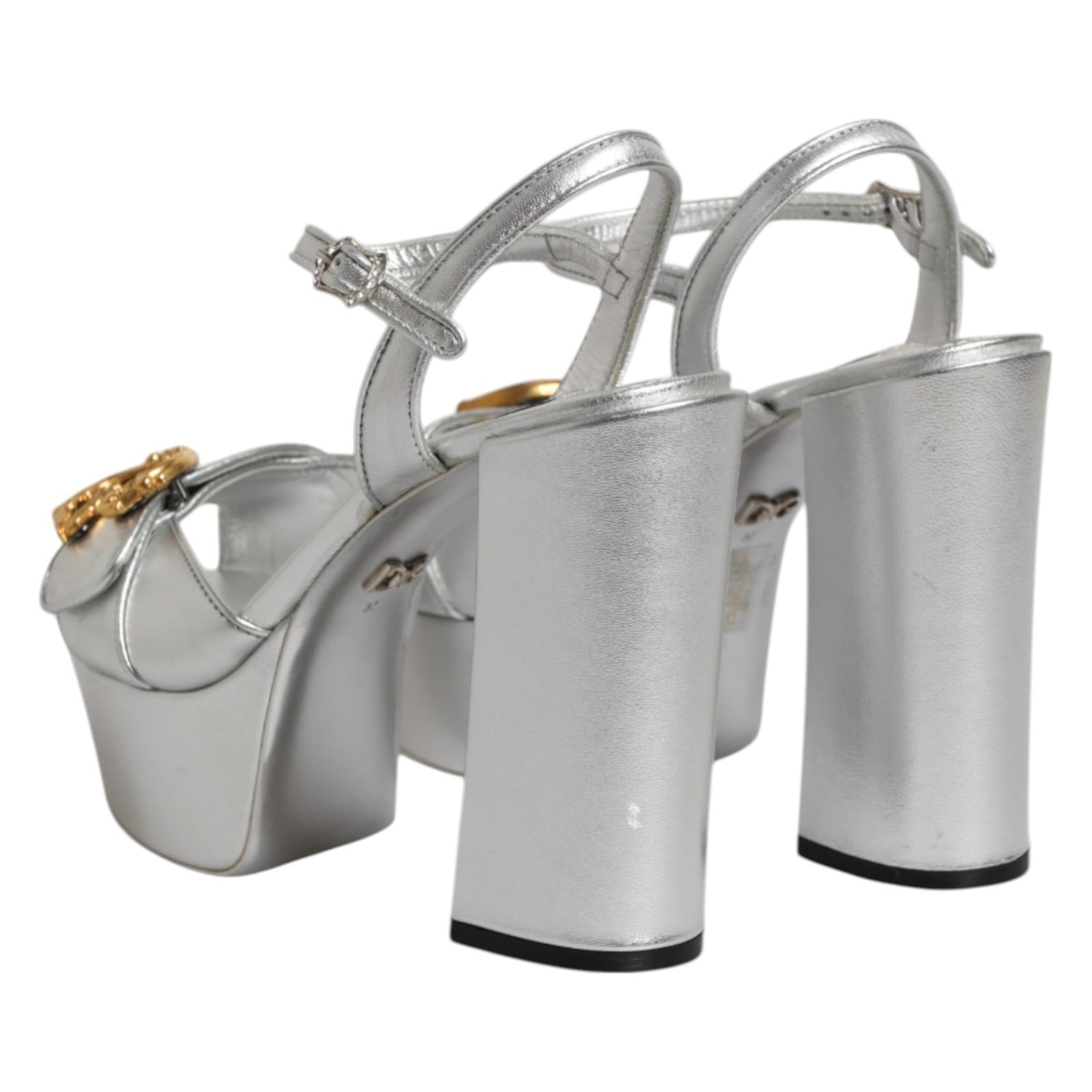Silver Logo Ankle Strap Heels Sandals Shoes