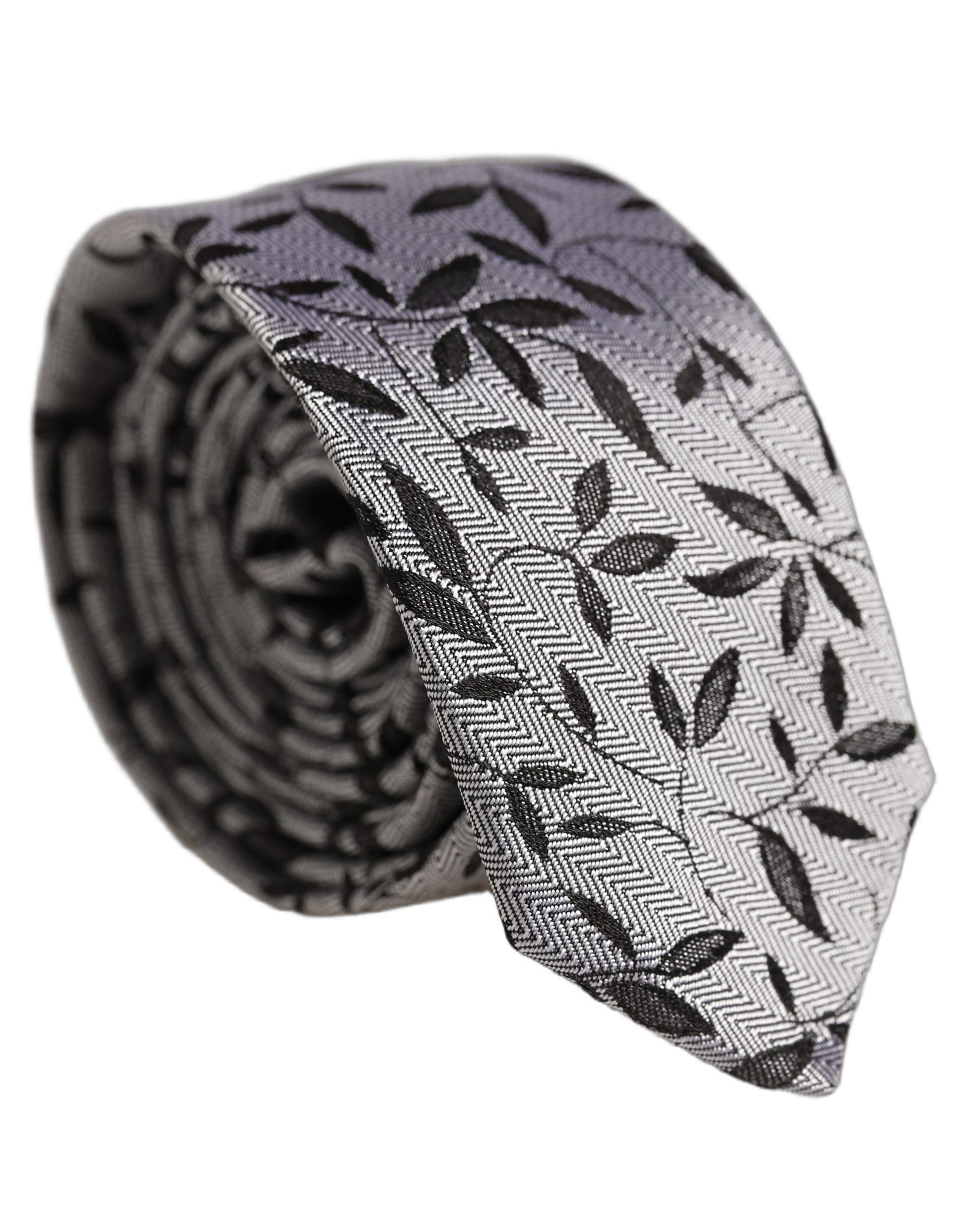 Men Gray Leaf Pattern Silk Adjustable Tied Necktie Tie