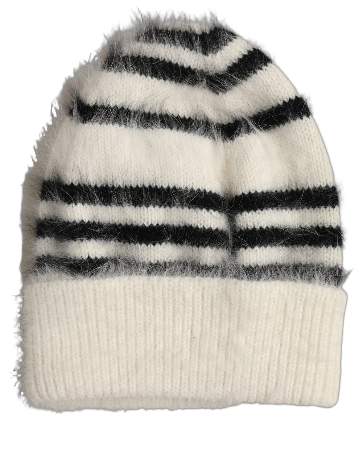 Black White Striped Angora Knitted Beanie One Size Hat