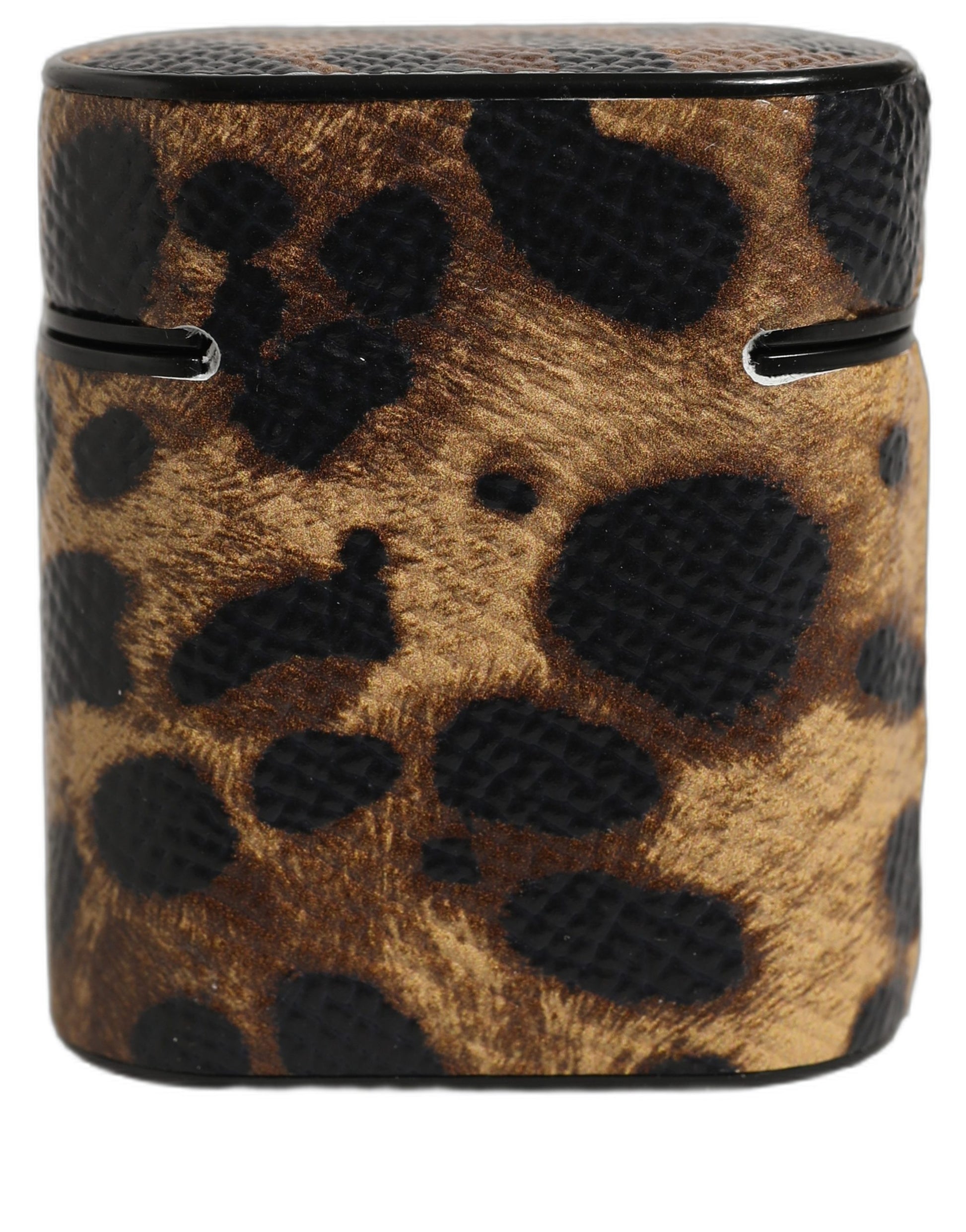 Brown Leopard Calf Leather Metal Logo Plaque Airpods Case