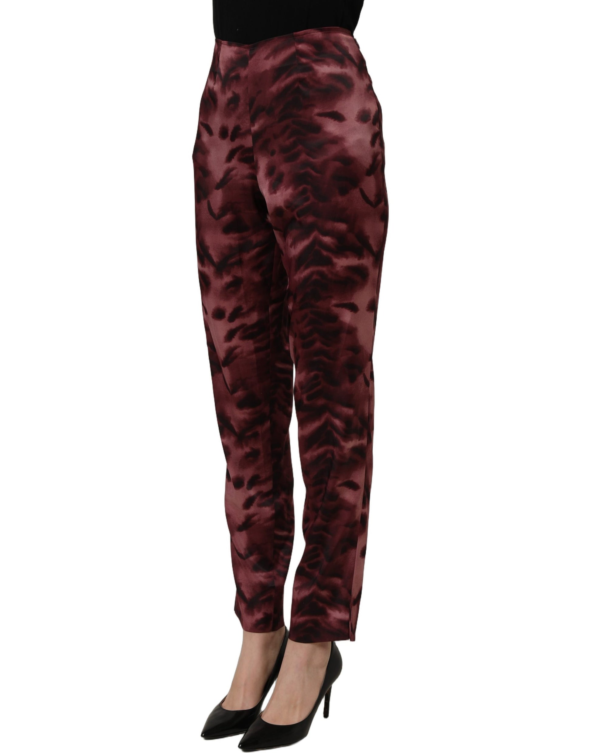 Burgundy High Waist Patterned Straight Trouser Pants