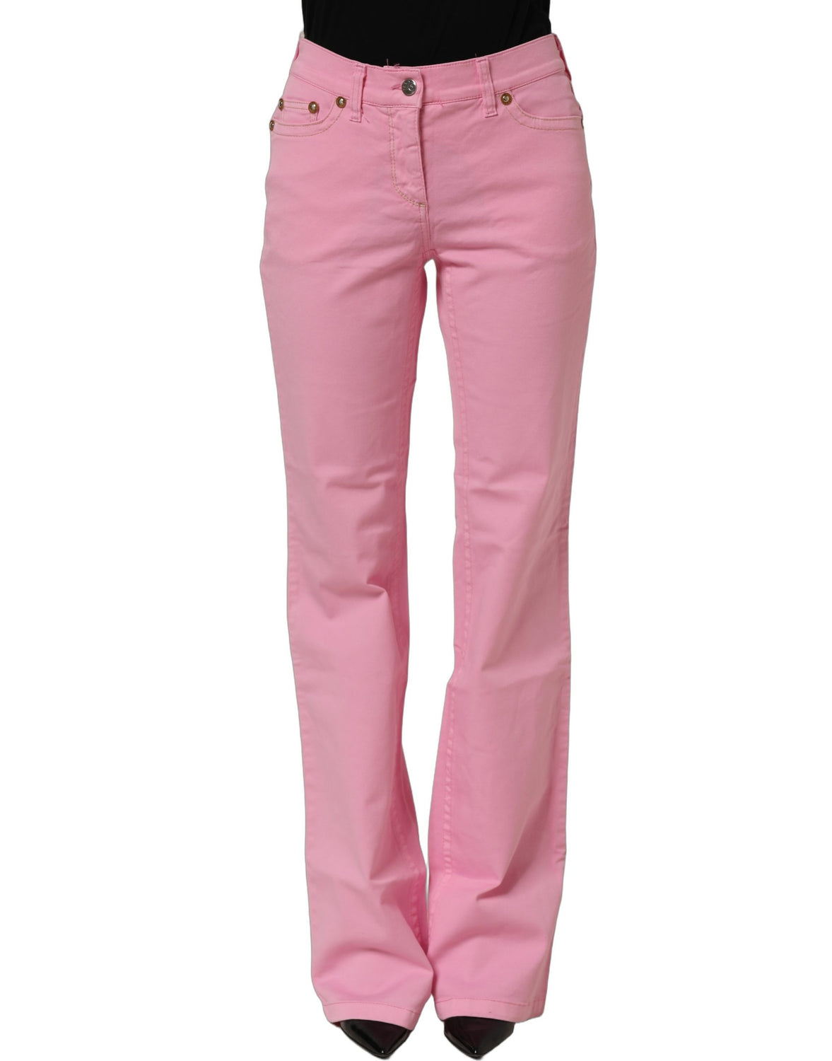 Pink Mid-Waisted Flared Denim Casual Jeans