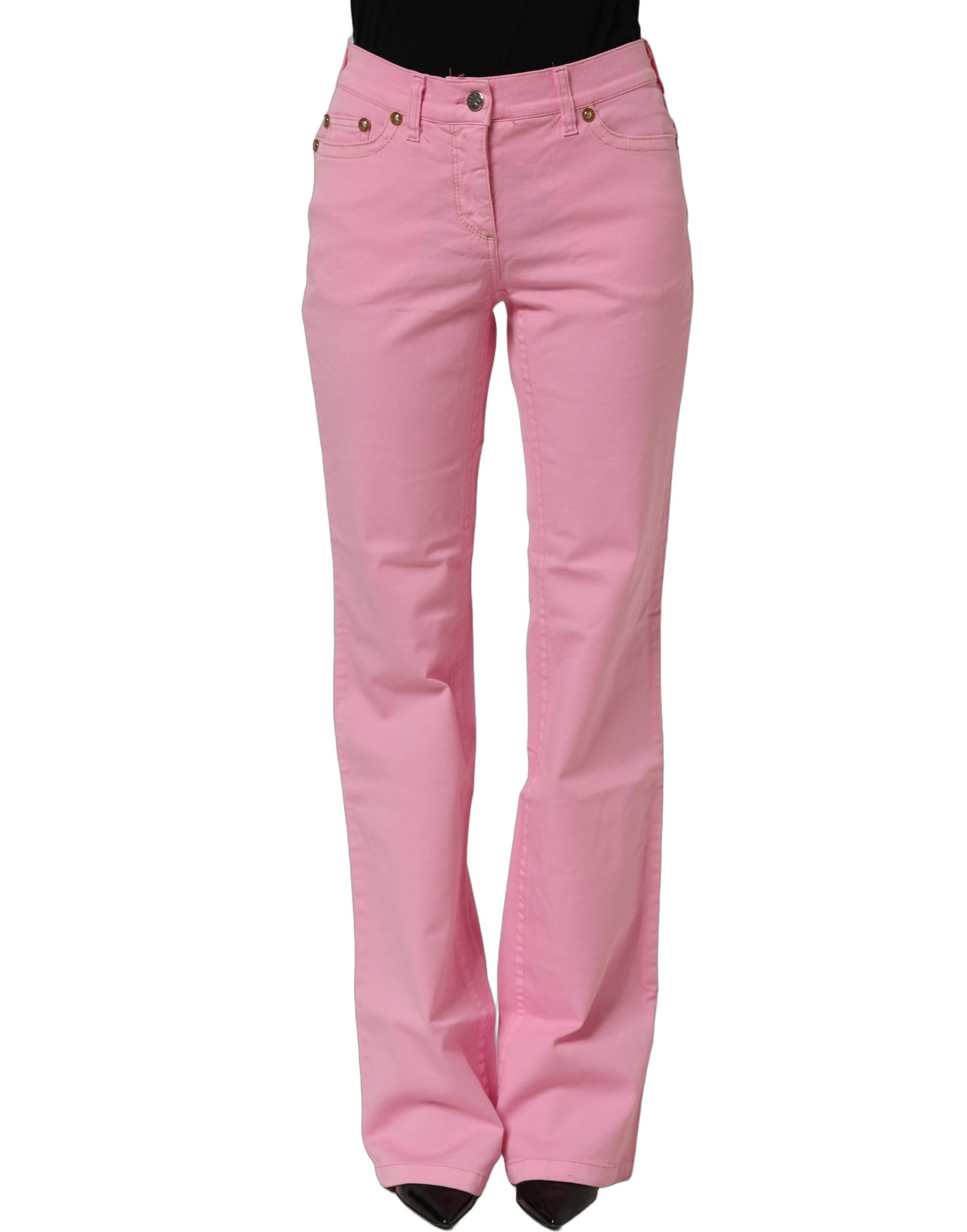Pink Mid-Waisted Flared Denim Casual Jeans