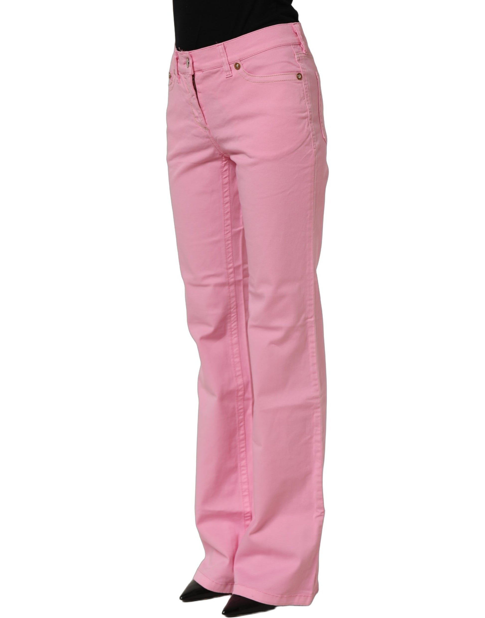 Pink Mid-Waisted Flared Denim Casual Jeans