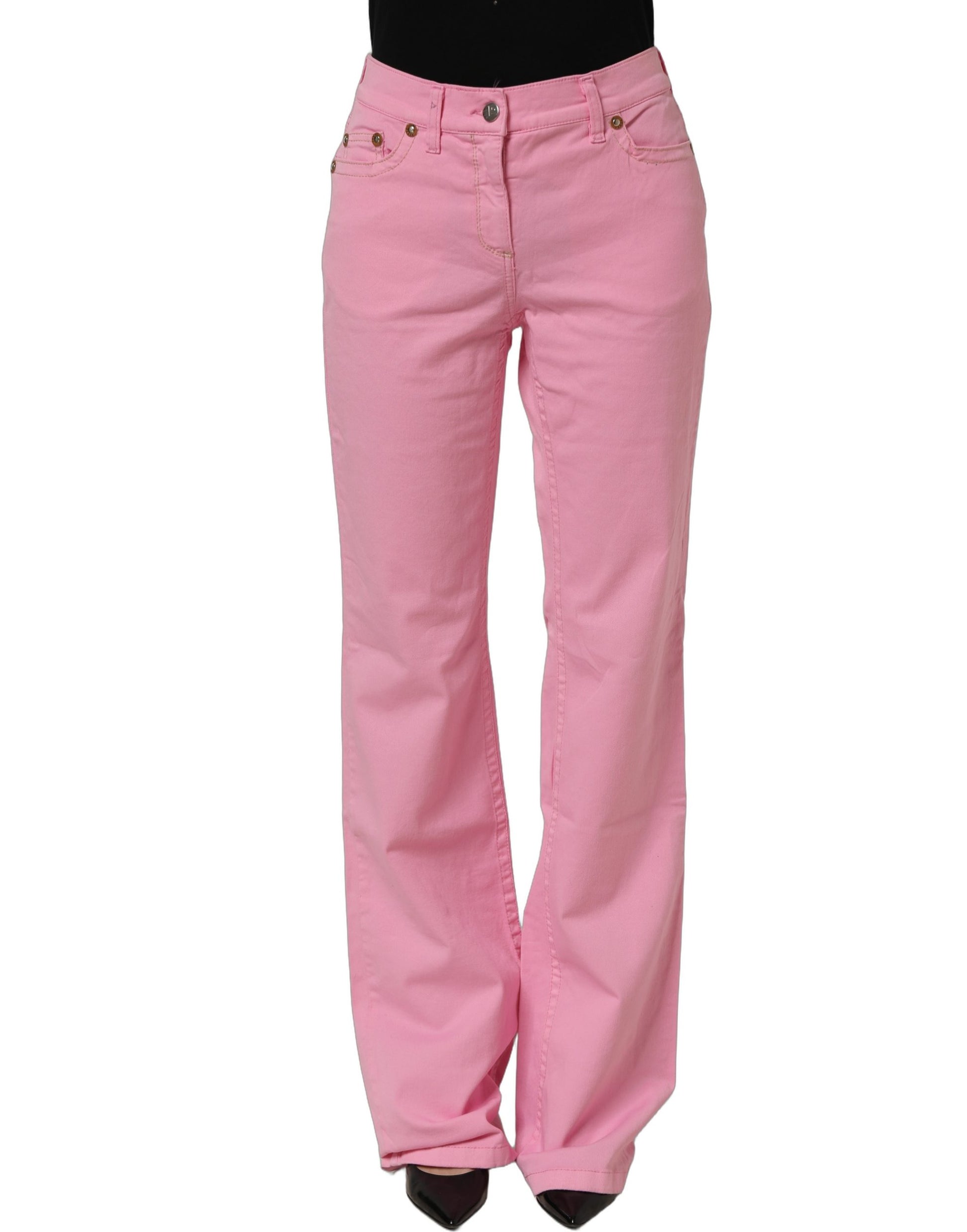 Pink Mid-Waisted Flared Denim Casual Jeans
