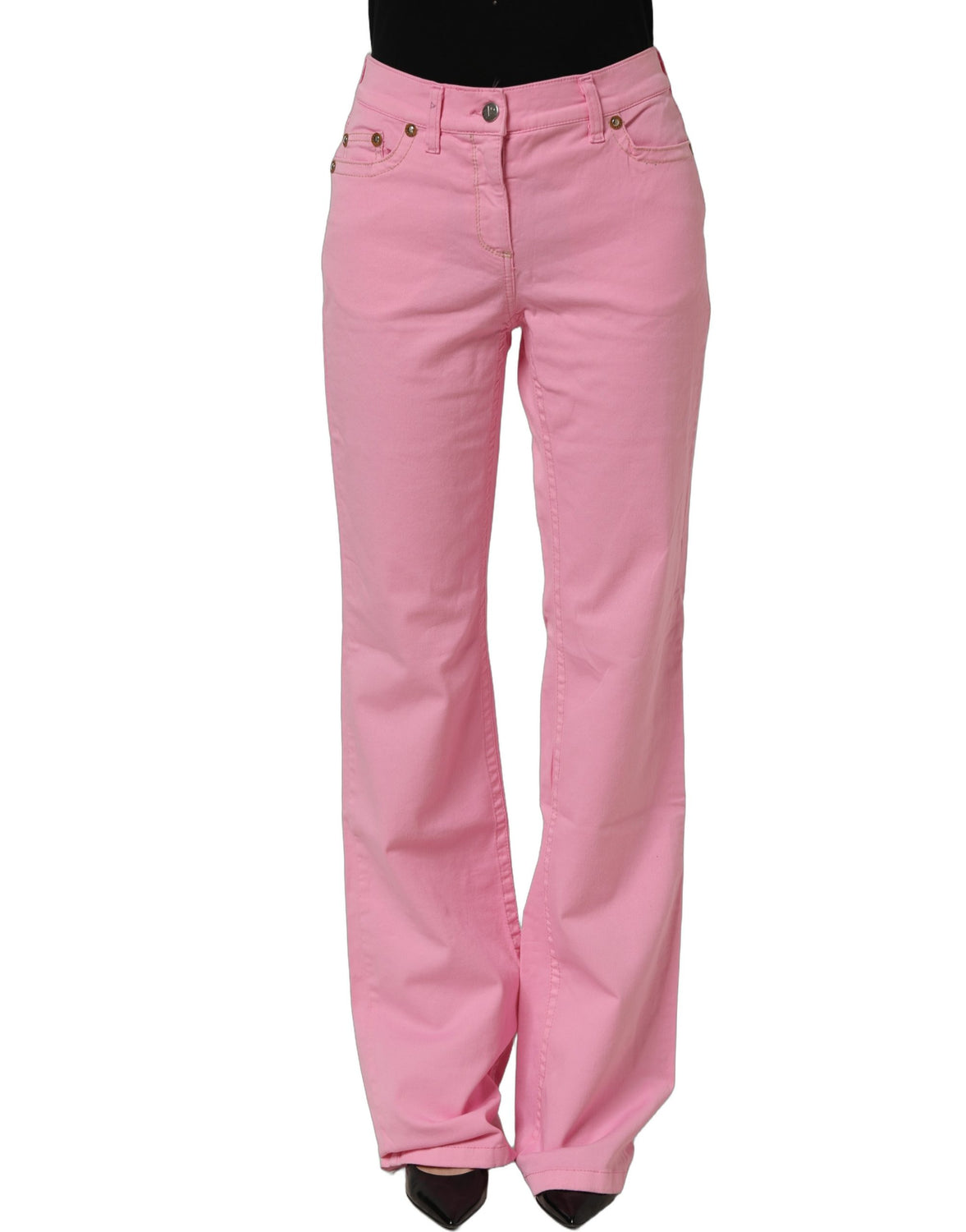 Pink Mid-Waisted Flared Denim Casual Jeans